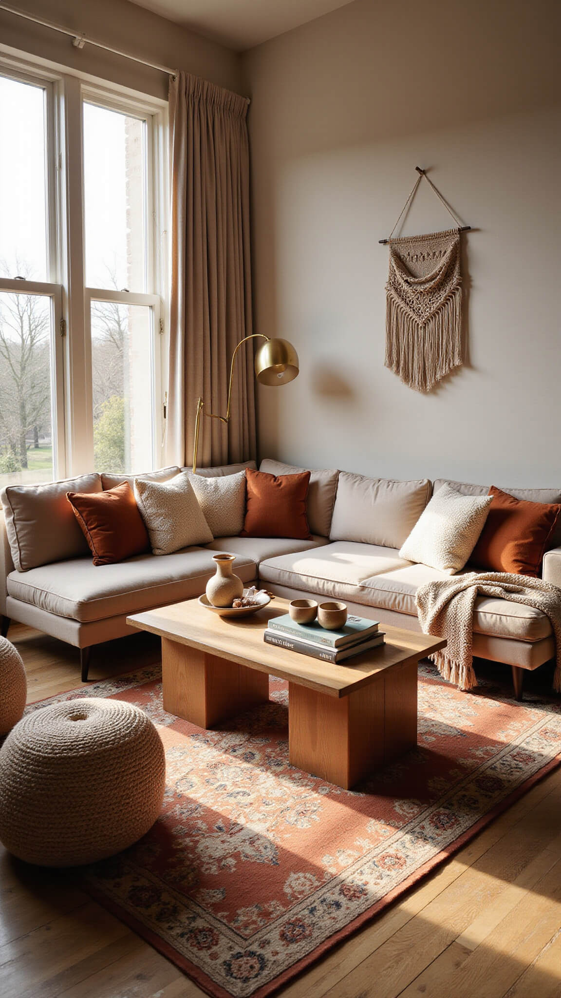 Spacious golden hour living room with greige velvet L-shaped sofa, terracotta rugs, and warm natural lighting through floor-to-ceiling windows.