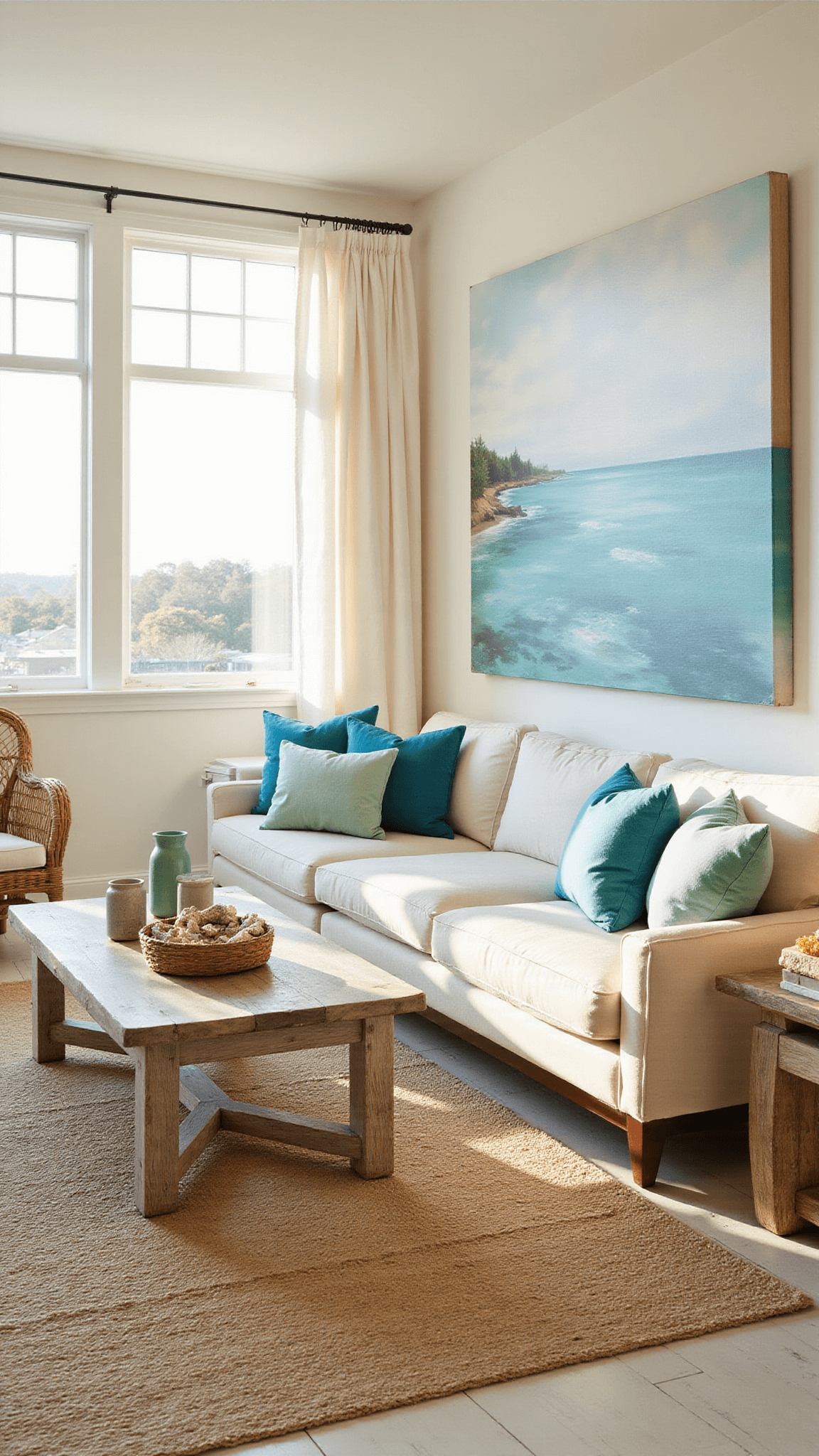 Sunlit coastal living room with ivory L-shaped sofa, azure and seafoam pillows, driftwood coffee table, rattan chair, abstract seascape artwork, and billowing natural fiber curtains in golden hour light.