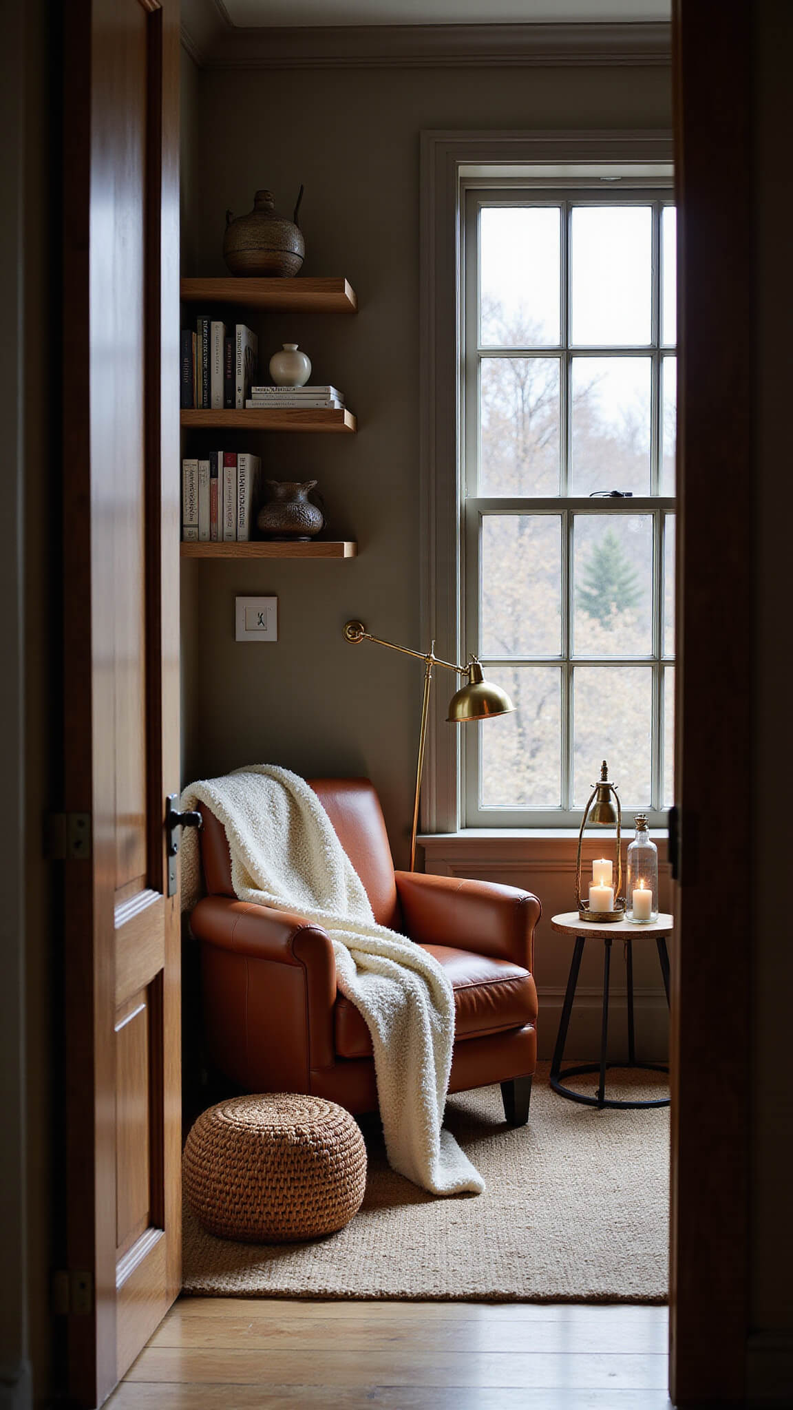 Cozy 12x14ft reading nook at blue hour with burnt orange window seat, leather armchair, brass lamp, wool pouf, oak shelves, and flickering candlelight.