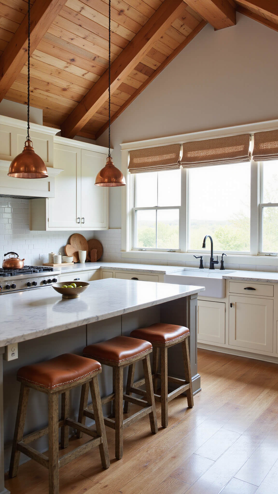 High-angle view of modern farmhouse kitchen with vaulted ceiling, warm wooden beams, creamy white cabinets, marble countertops, copper pendant lights, rustic island with cognac leather bar stools, and woven roman shades filtering morning light.