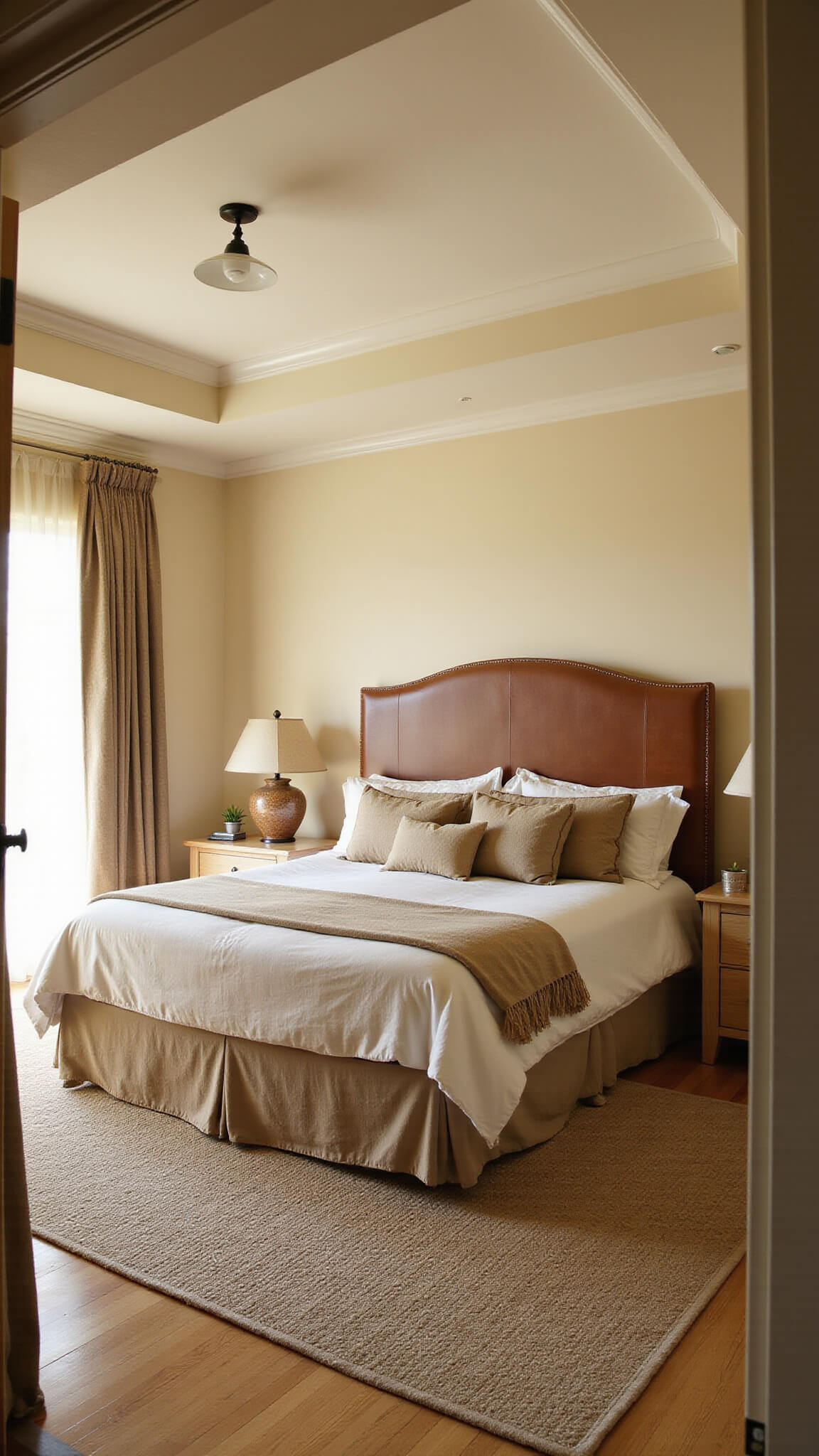 Master bedroom with king bed, warm neutral linens, upholstered leather headboard, tray ceiling, and sunset light through sheer curtains.