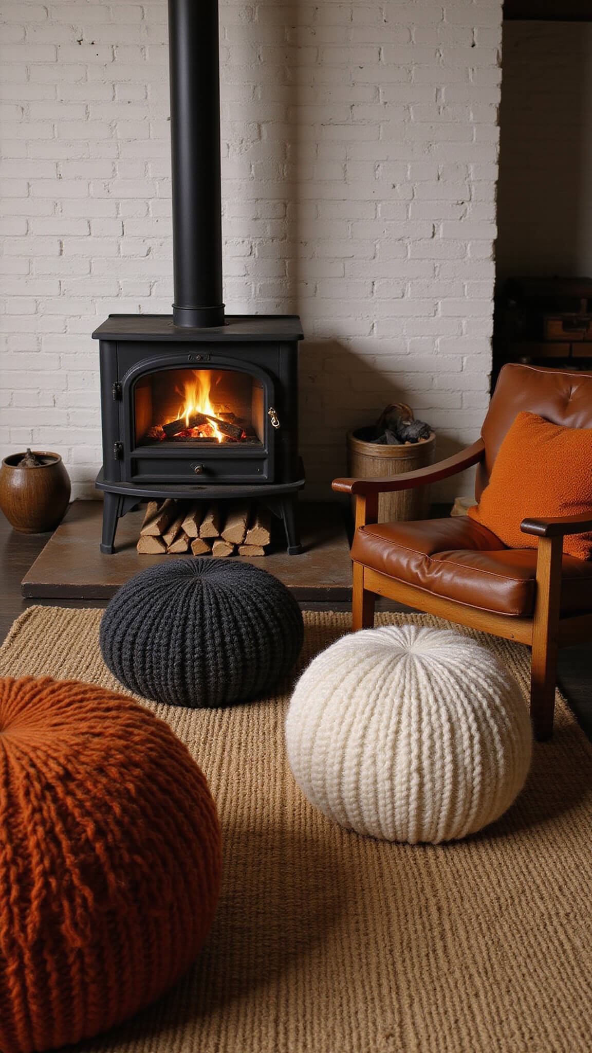 Cozy 14x16ft den at dusk with black woodburning stove against whitewashed brick, warm lighting casting shadows on knit poufs, leather armchairs, and layered kilim rug.