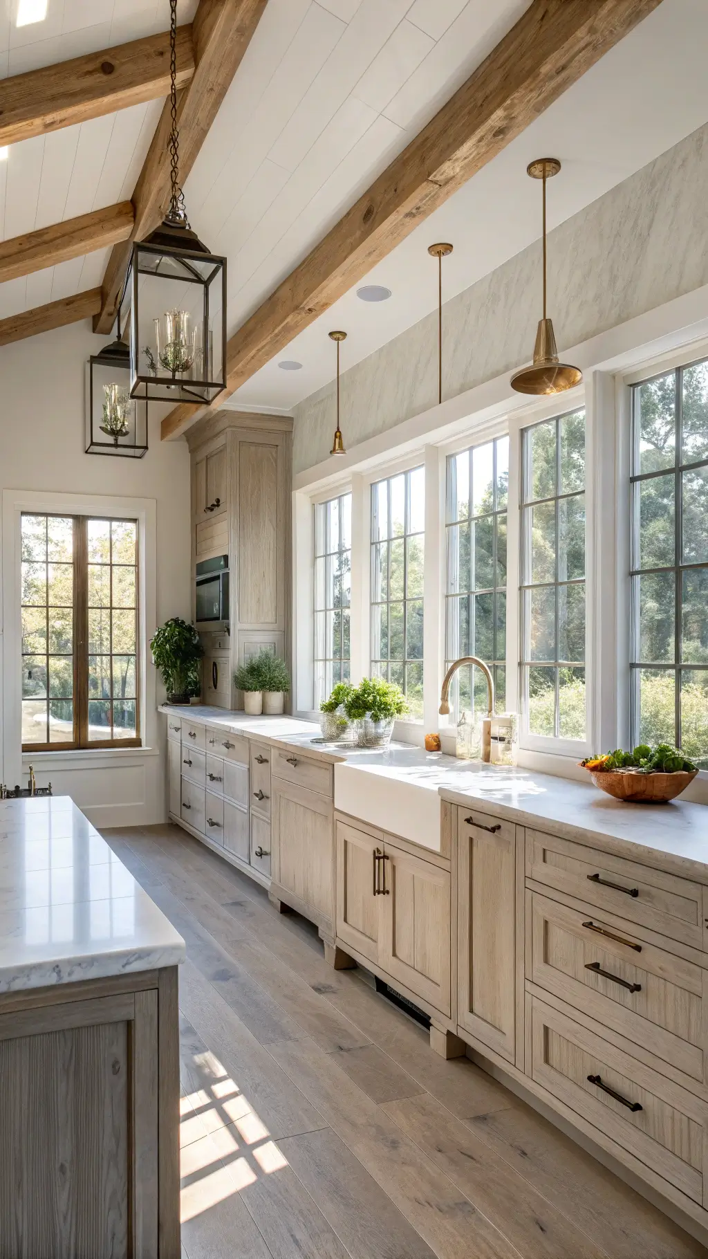 Modern farmhouse kitchen with whitewashed oak cabinets, brass hardware, marble countertops, and exposed wooden beams, illuminated by morning sunlight through large windows.