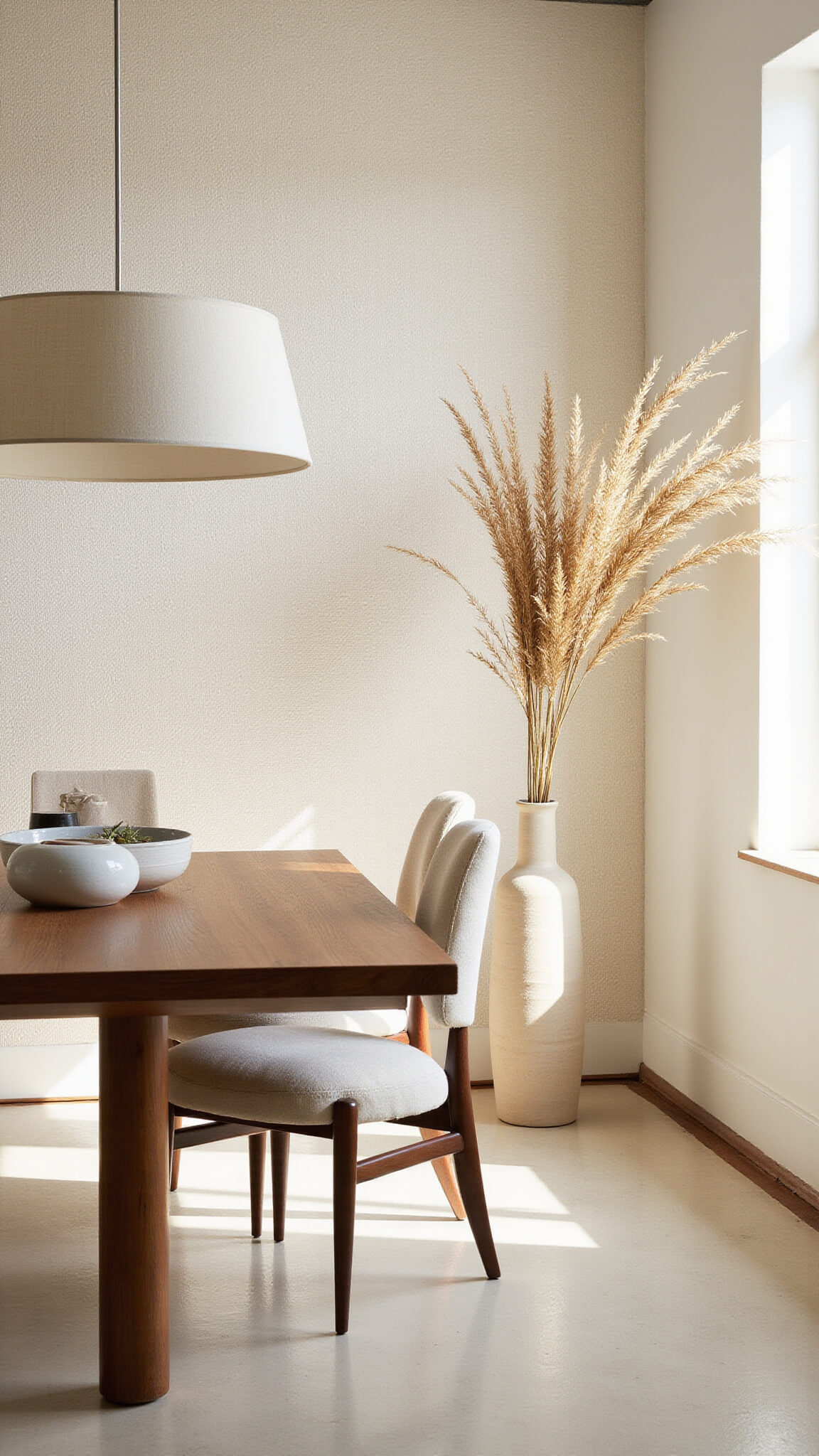 Minimalist dining room with walnut table, cream chairs, oversized linen pendant, grasscloth wallpaper, and pampas grass in ceramic vase, bathed in morning light.