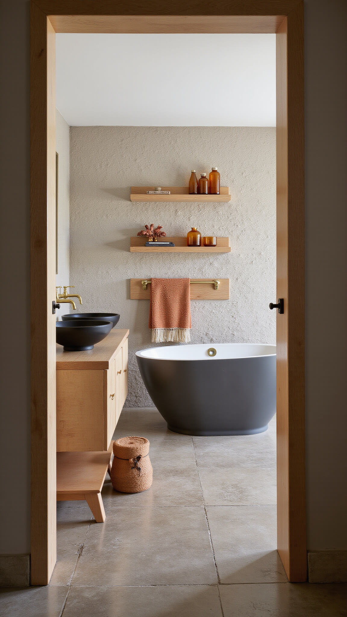 Spa-inspired bathroom with freestanding tub against limestone wall, oak vanity with vessel sink and brass fixtures, terracotta and cream towels, floating shelves with amber glass and natural decor, and herringbone ceramic tile flooring.
