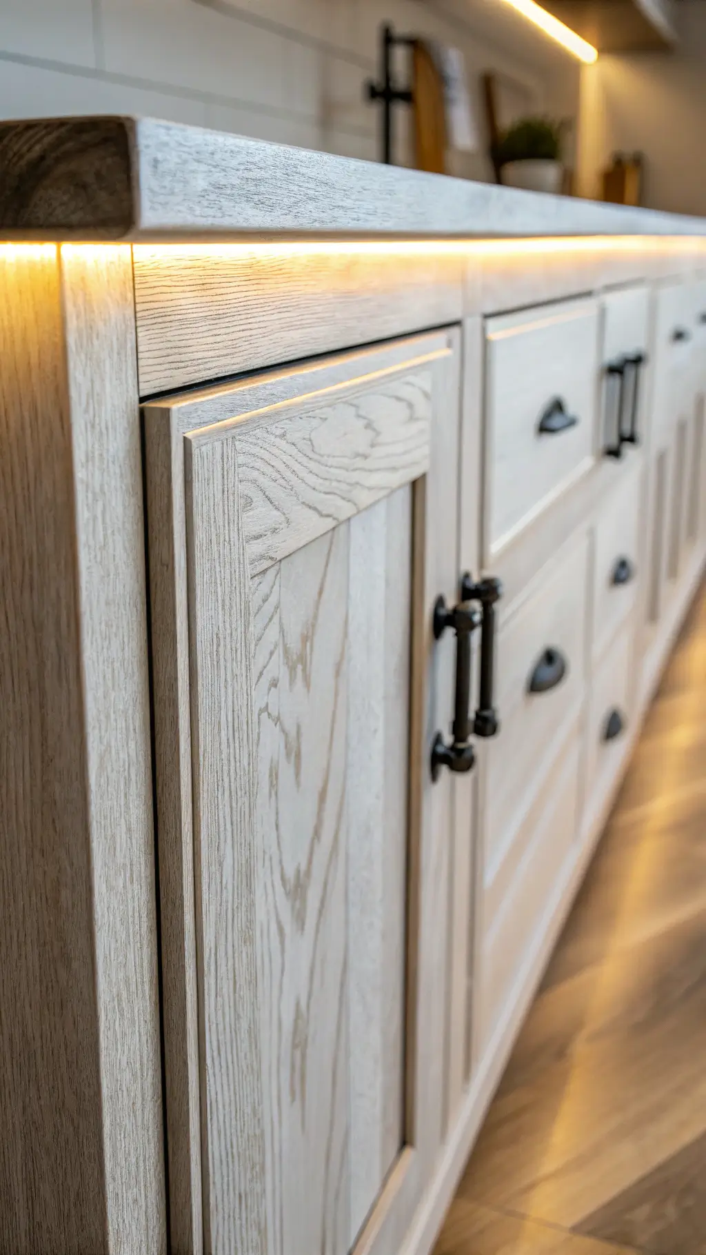 Close-up of whitewashed oak cabinet with matte black hardware, soft golden hour lighting highlighting wood grain and texture.