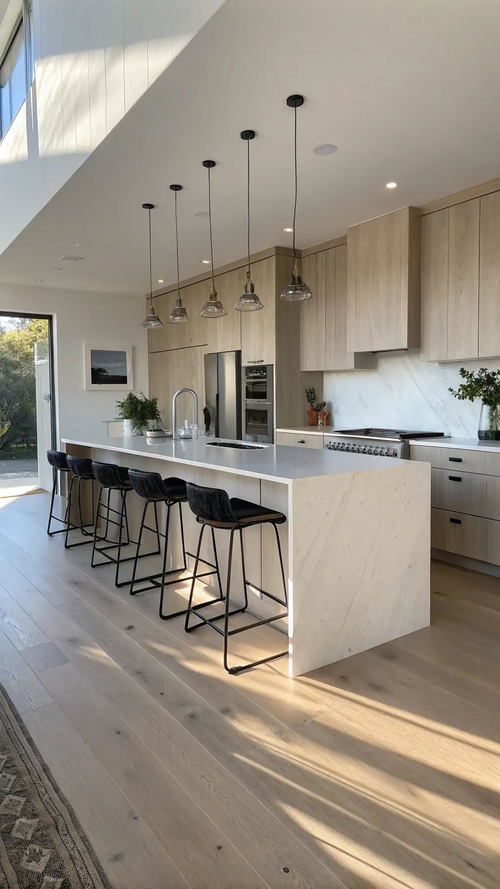 Scandinavian-style kitchen with whitewashed oak cabinets, quartz waterfall island, black metal bar stools, and soft daylight-inspired lighting.