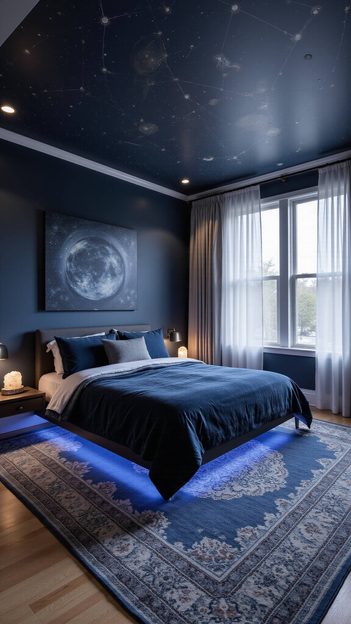 Twilight-lit navy bedroom with constellation ceiling, velvet king bed, floating nightstands, and ethereal curtains softly glowing with blue LED lighting.