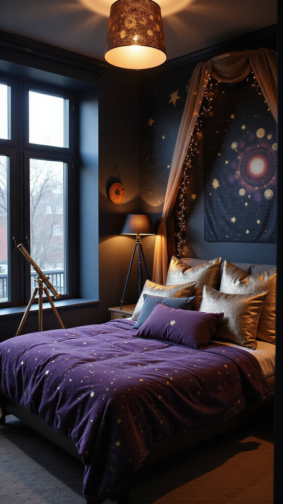 Cozy 12x12ft bedroom at dusk with matte black celestial accent wall, deep purple velvet bedspread, star-print pillows, vintage brass telescope, fairy-lit canopy, galaxy tapestry, moon phase wall art, and star-patterned dappled lighting.