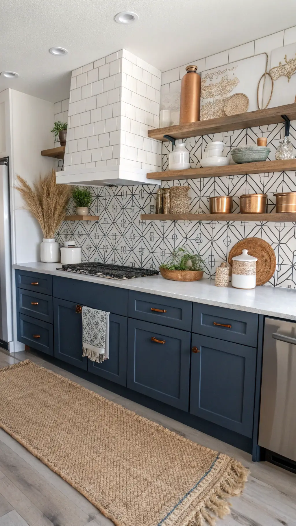 Overhead view of a coastal modern kitchen with navy lower cabinets, whitewashed uppers, geometric cement tile backsplash, copper cookware, white vases with pampas grass, and a jute rug.