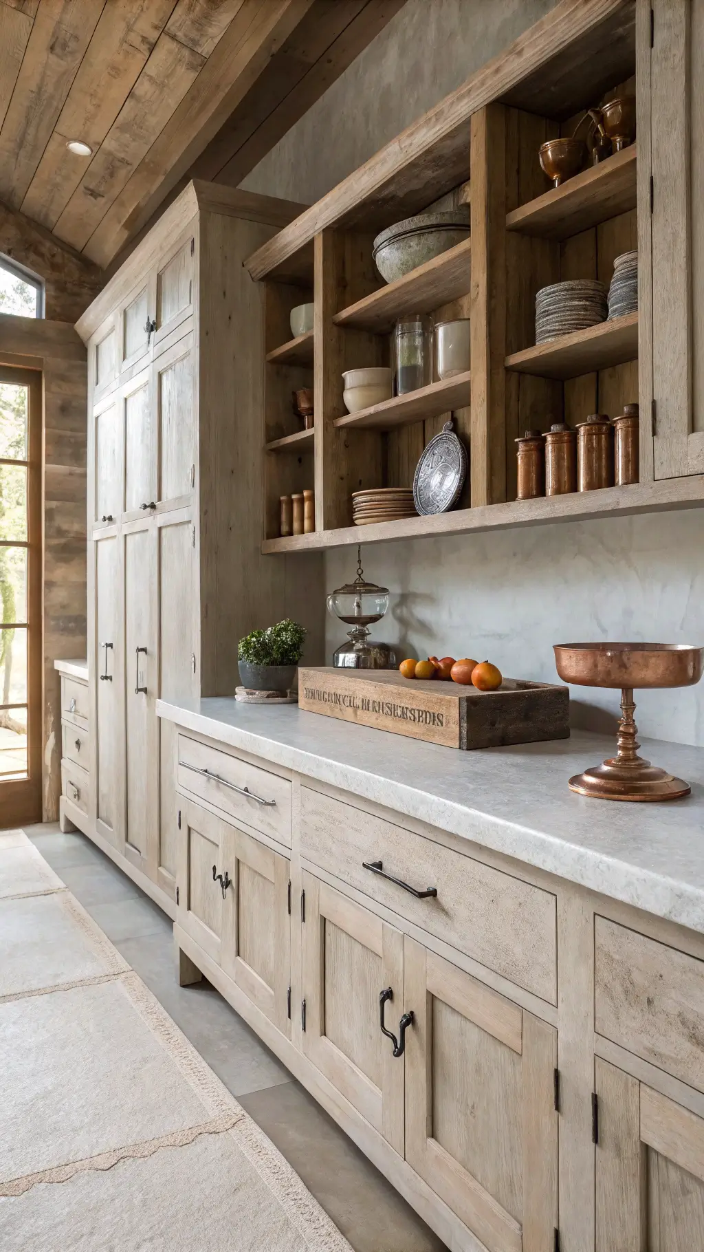 Rustic contemporary kitchen with whitewashed oak cabinets, reclaimed wood shelves, ironstone dishes, concrete countertops, vintage scales, and copper cups in warm morning light.