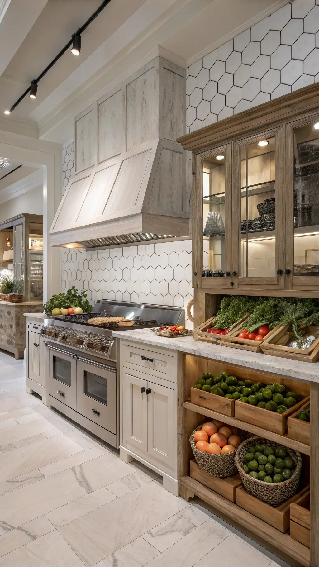 Professional kitchen with white oak cabinets, stainless appliances, marble hexagon backsplash, and glass-front lit cabinets.