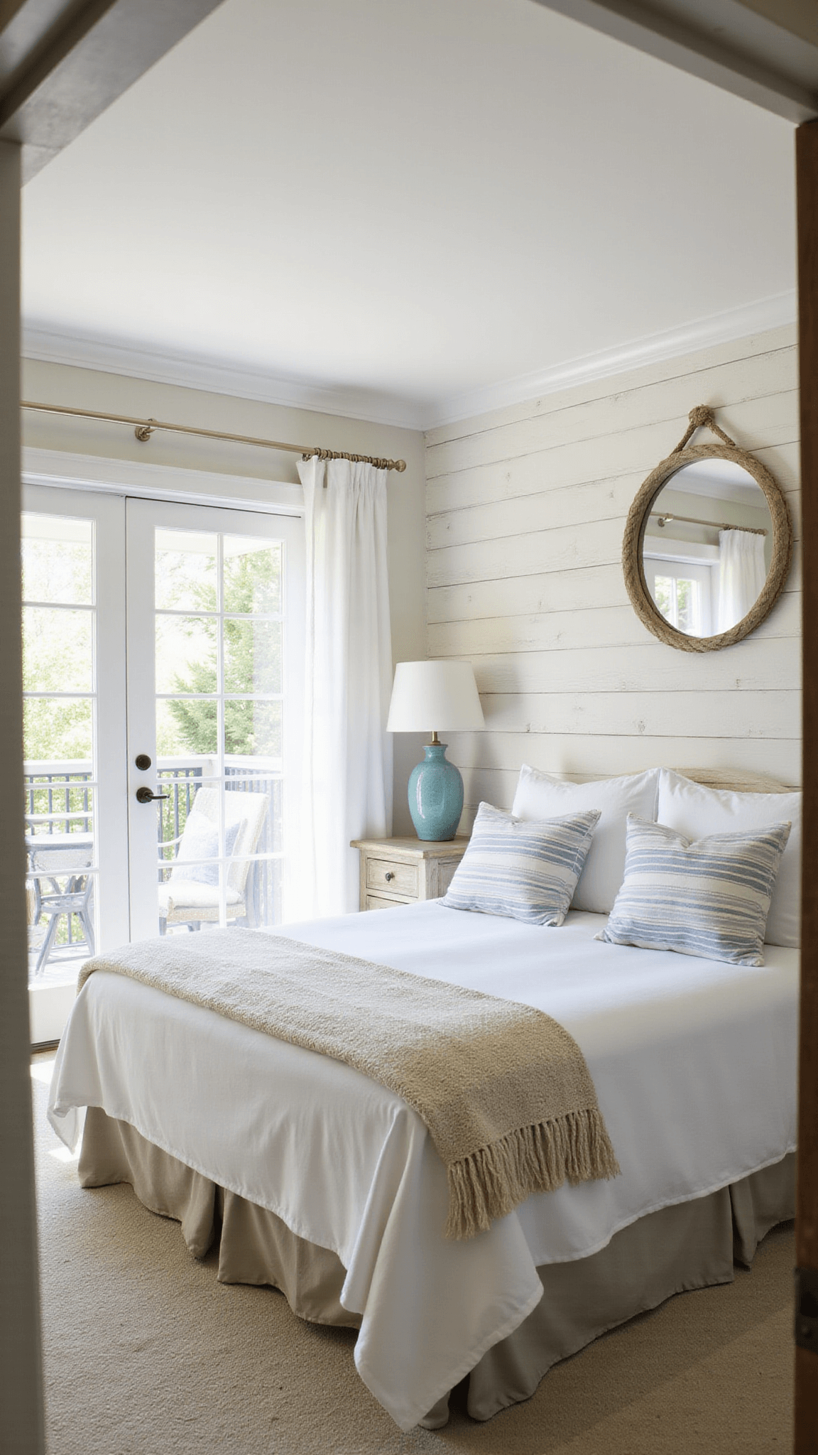 Coastal bedroom with king bed, white linens, French doors, and morning light filtering through sheer curtains.