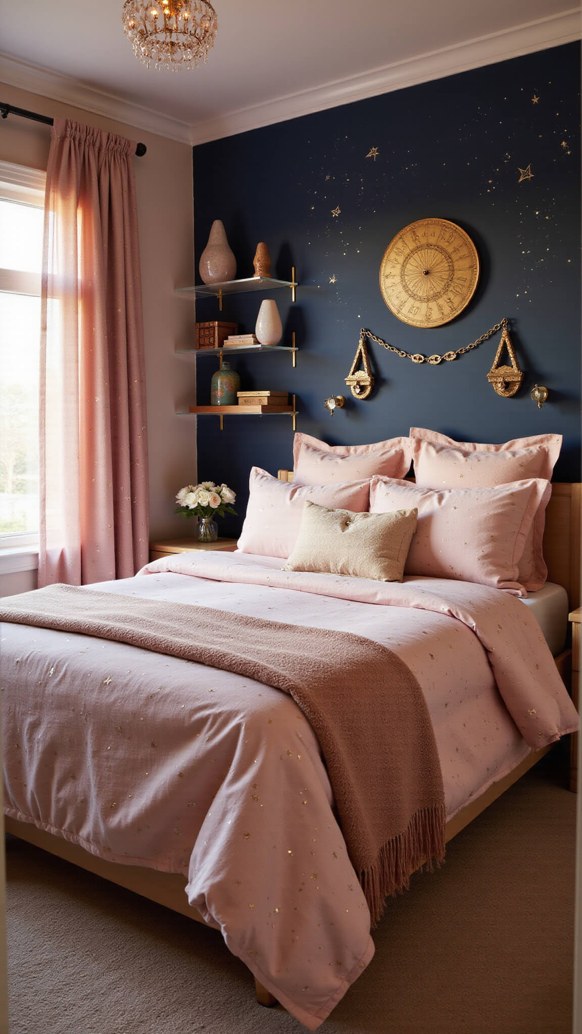 Sunlit blush pink and navy bedroom with celestial decor, constellation bedding, vintage astrolabes, and soft metallic accents.