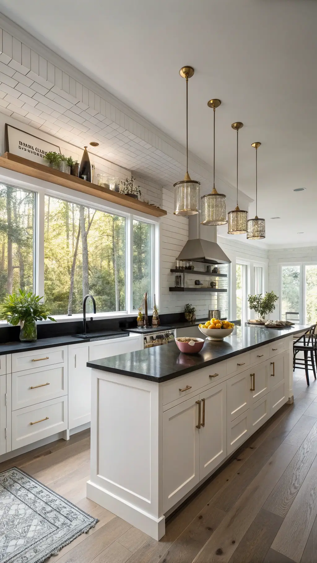 Contemporary 12x15ft kitchen with black granite countertops, white shaker cabinets, brass accents, and natural wood shelves, bathed in soft morning light through tall windows.
