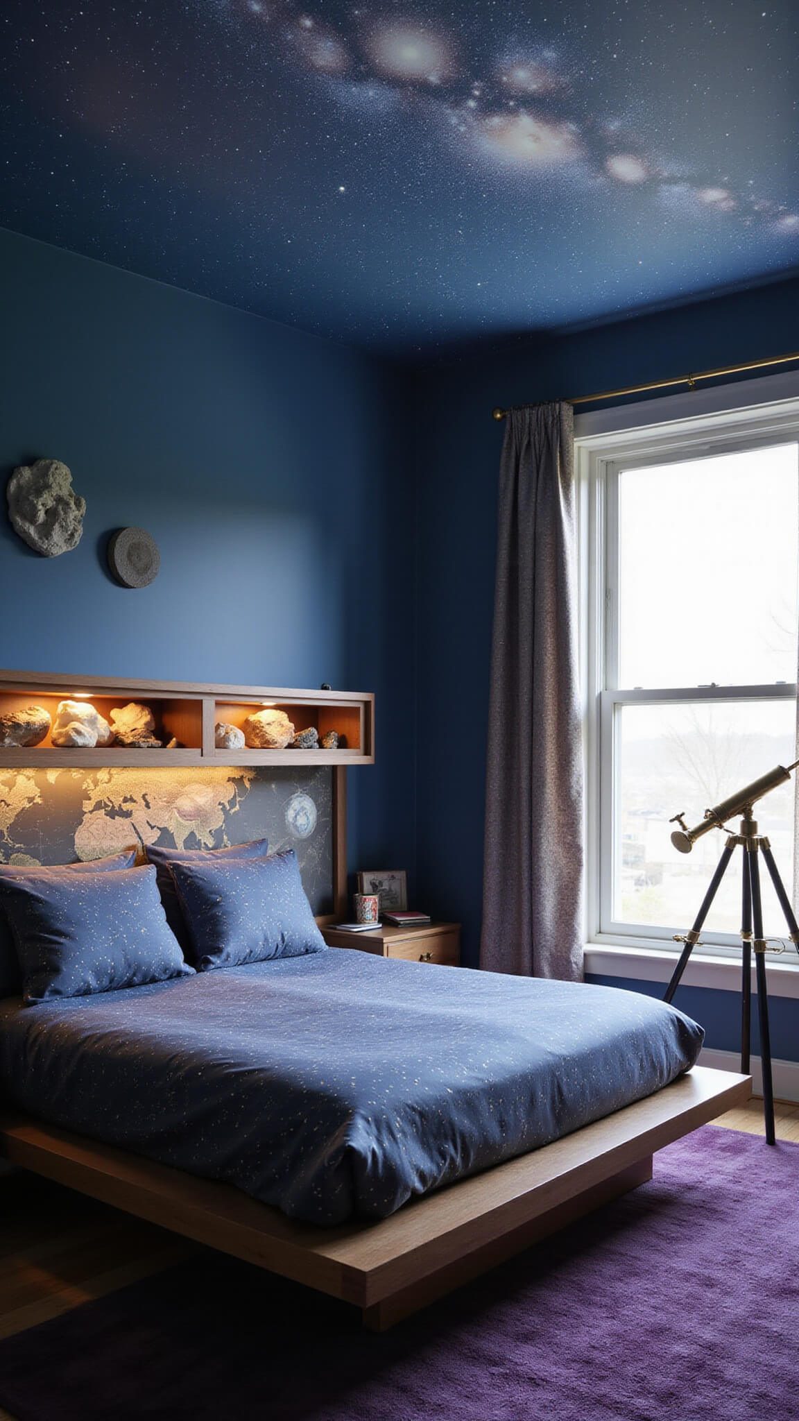 Eye-level view of a cosmic-themed bedroom at dawn with gradient blue walls, star-map headboard bed, floating crystal shelves, shimmering curtains, planetary mobile, purple cosmic carpet, and brass telescope by the window.