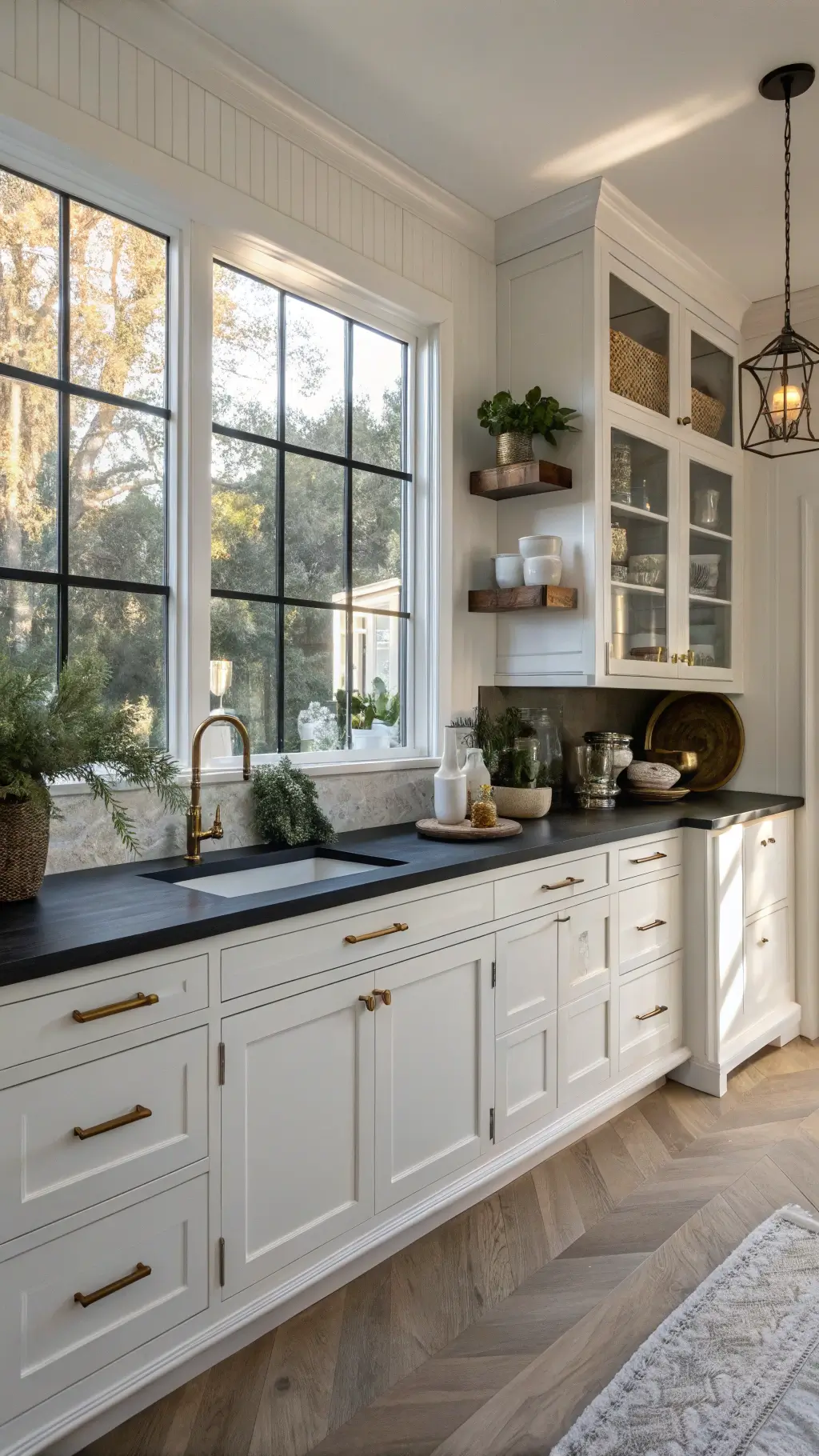 Moody black and white kitchen corner at golden hour with soapstone counters, white cabinets, brass hardware, and oak herringbone floors; coffee station vignette softly focused in natural backlight.