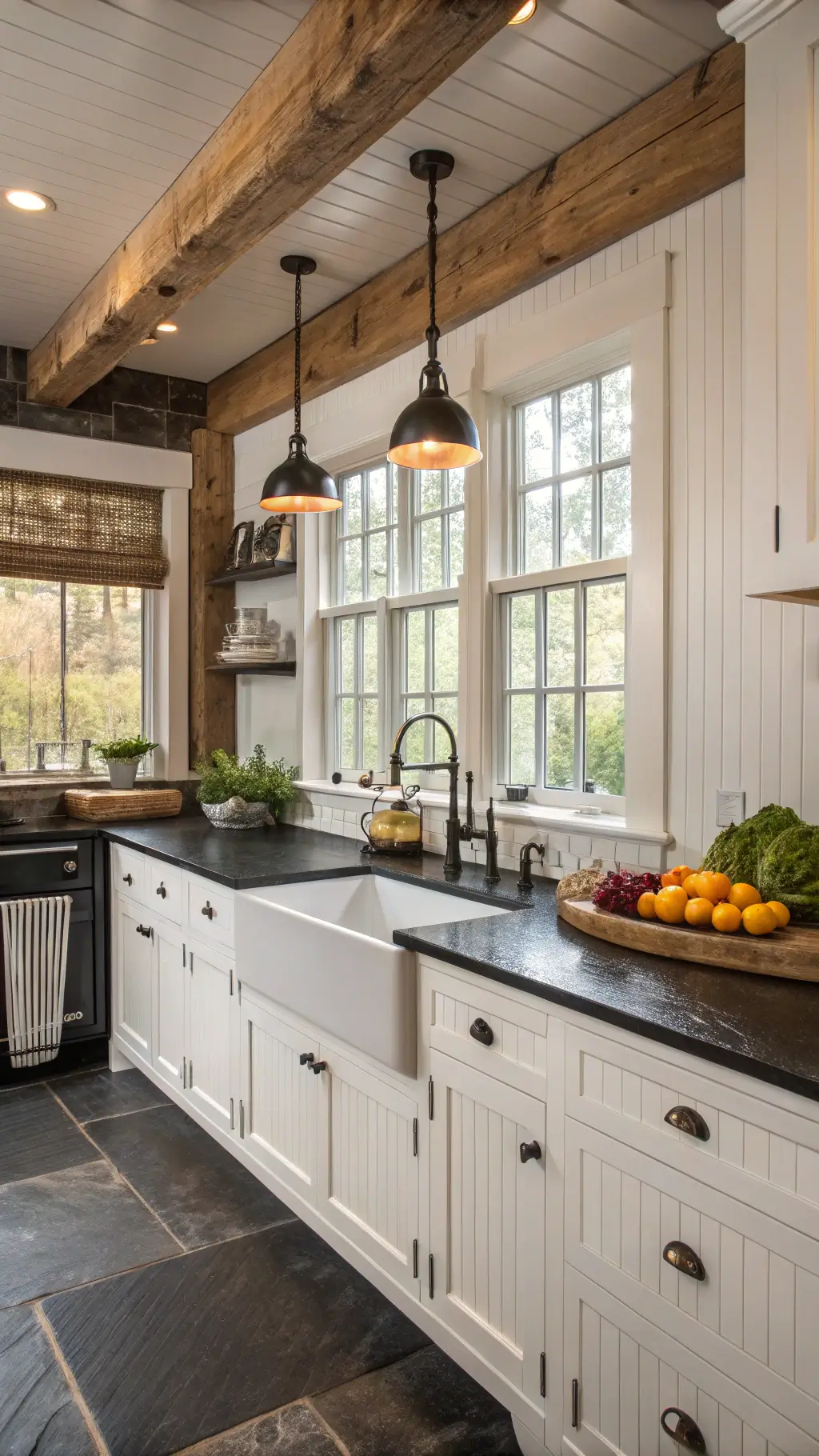 Modern farmhouse kitchen with exposed beams, black granite counters, white beadboard cabinets, apron sink under window, and mixed metal fixtures, styled with vintage decor and captured in natural afternoon light.