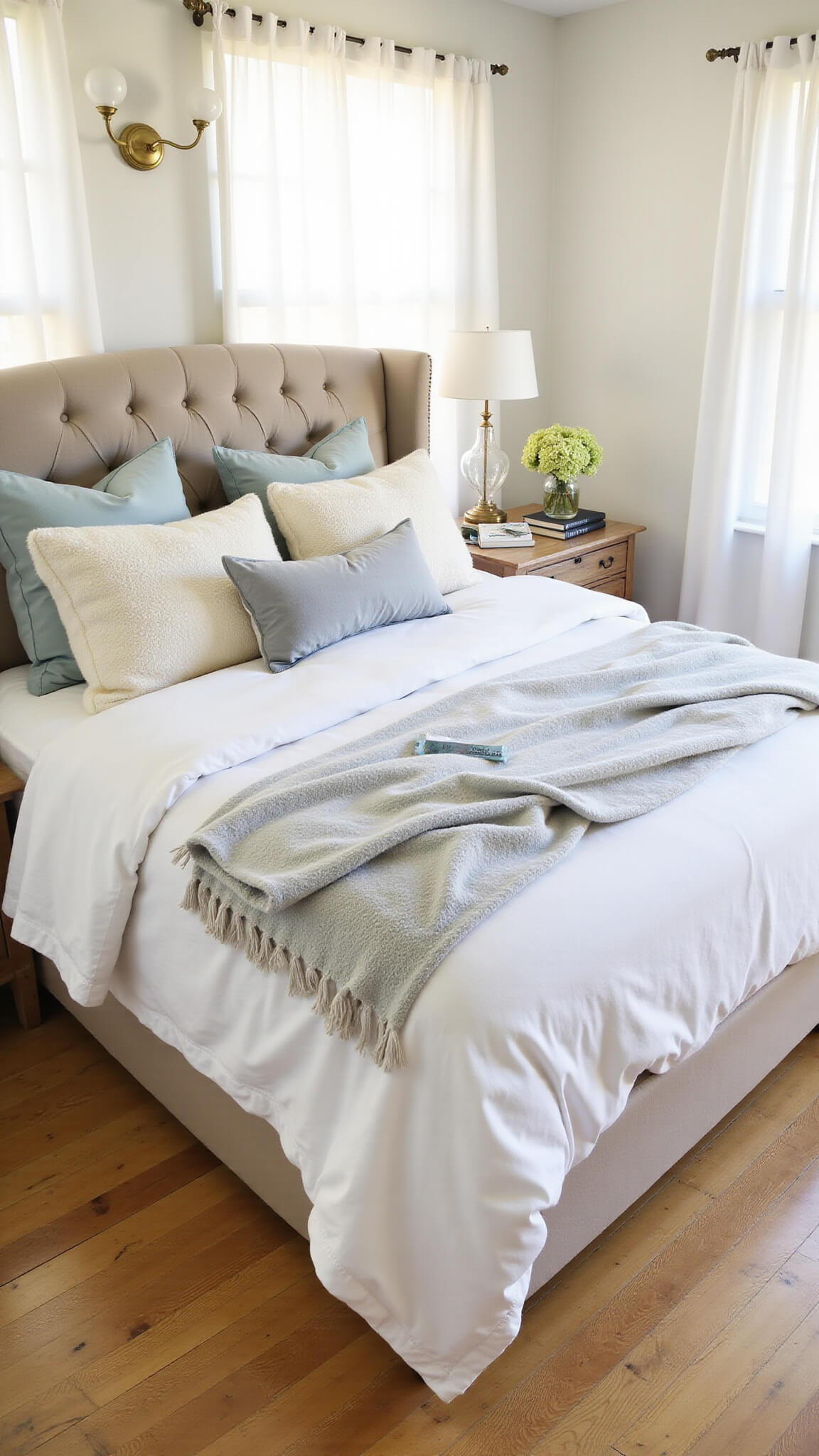 Sunlit guest bedroom with queen bed in white and grey linens, pale blue and cream pillows, brass sconces, sheer curtains, oak bedside tables with lamps, fresh hydrangeas, and welcome note at golden hour.