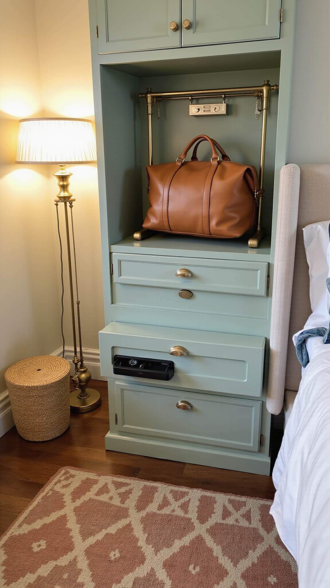 Serene guest room corner at dusk with brass luggage rack, sage green drawers, floating nightstand with USB ports, and patterned wool rug.