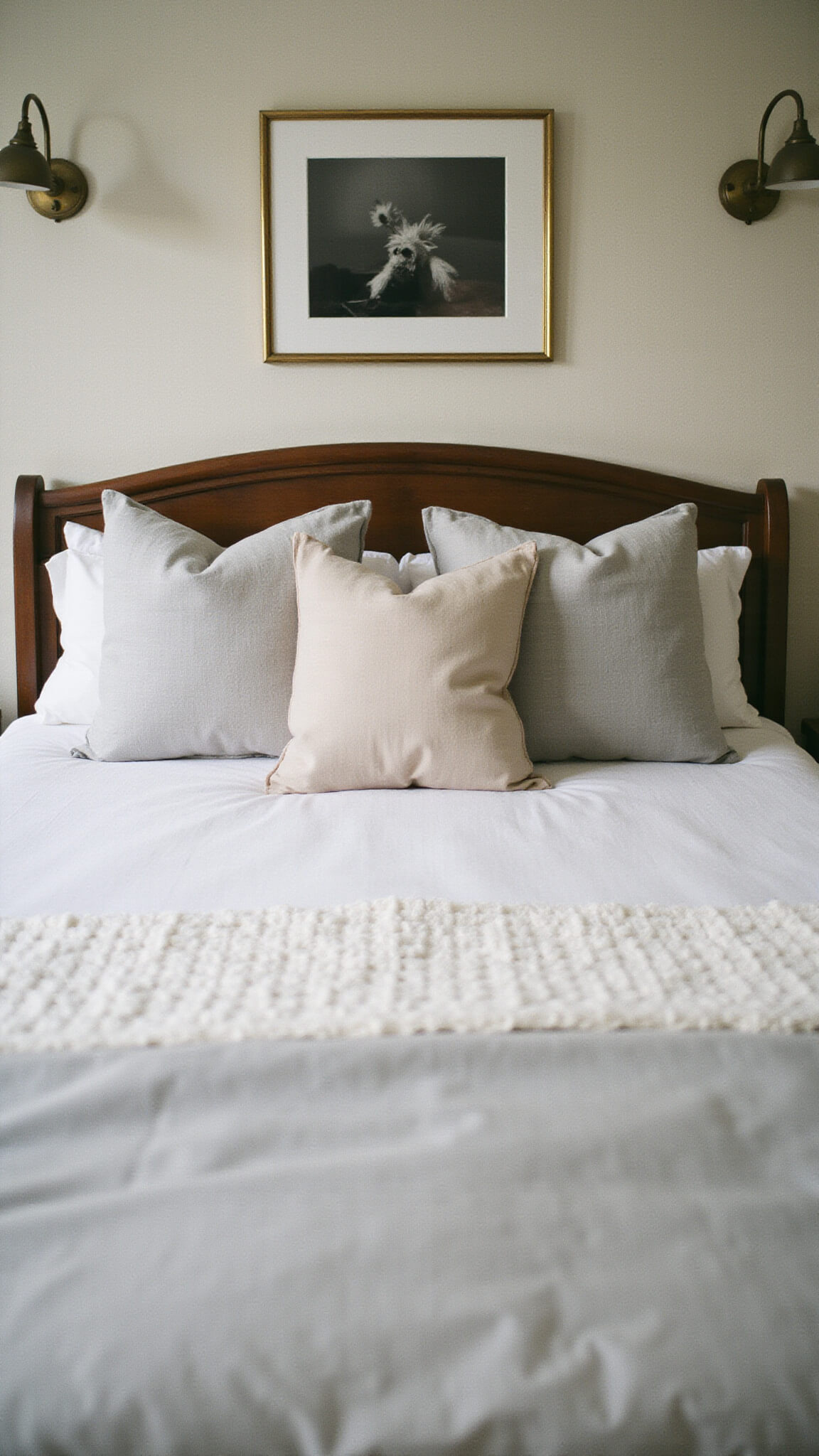 Luxurious guest bedroom with layered white and pewter bedding, textured fabrics, and dim brass lighting highlighting black and white photography above the bed.