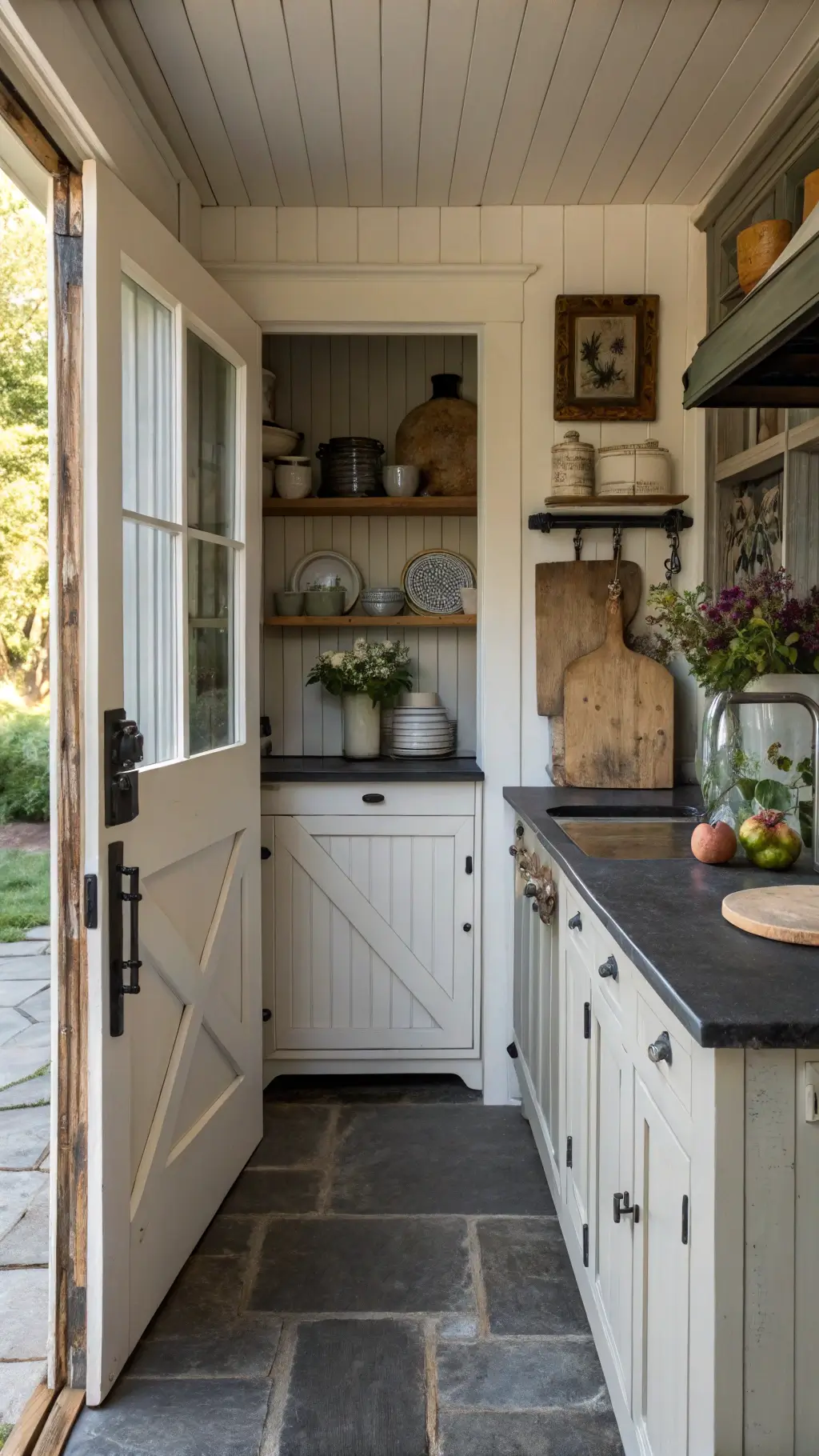 Vintage cottage kitchen with black soapstone counters, white beadboard cabinets, Dutch door, open shelving with ironstone, and warm late afternoon light.
