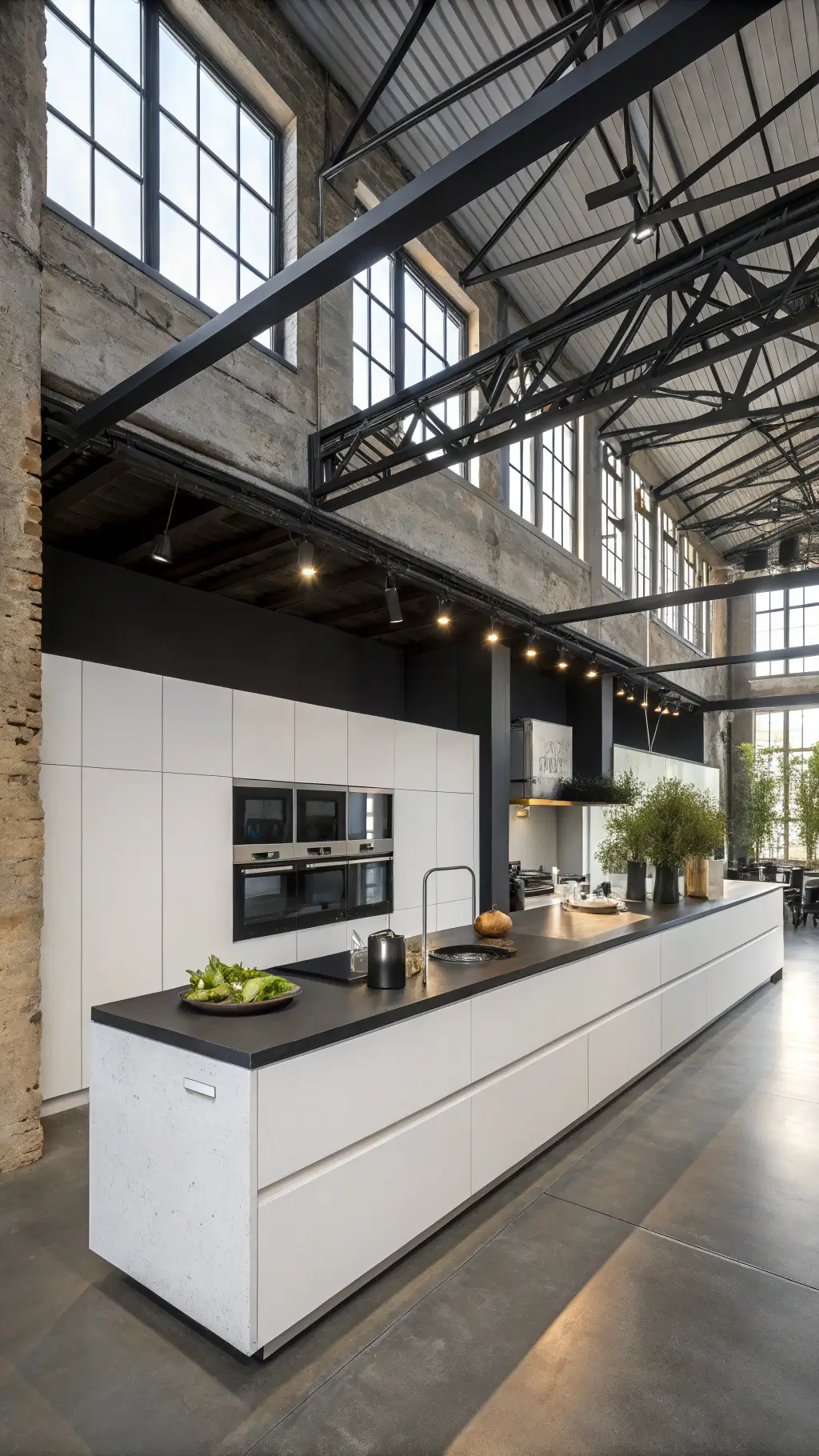 Industrial-modern kitchen with black concrete counters, white flat-panel cabinets, steel beams, factory windows, and stainless appliances, shot from above to highlight workflow and architectural details.