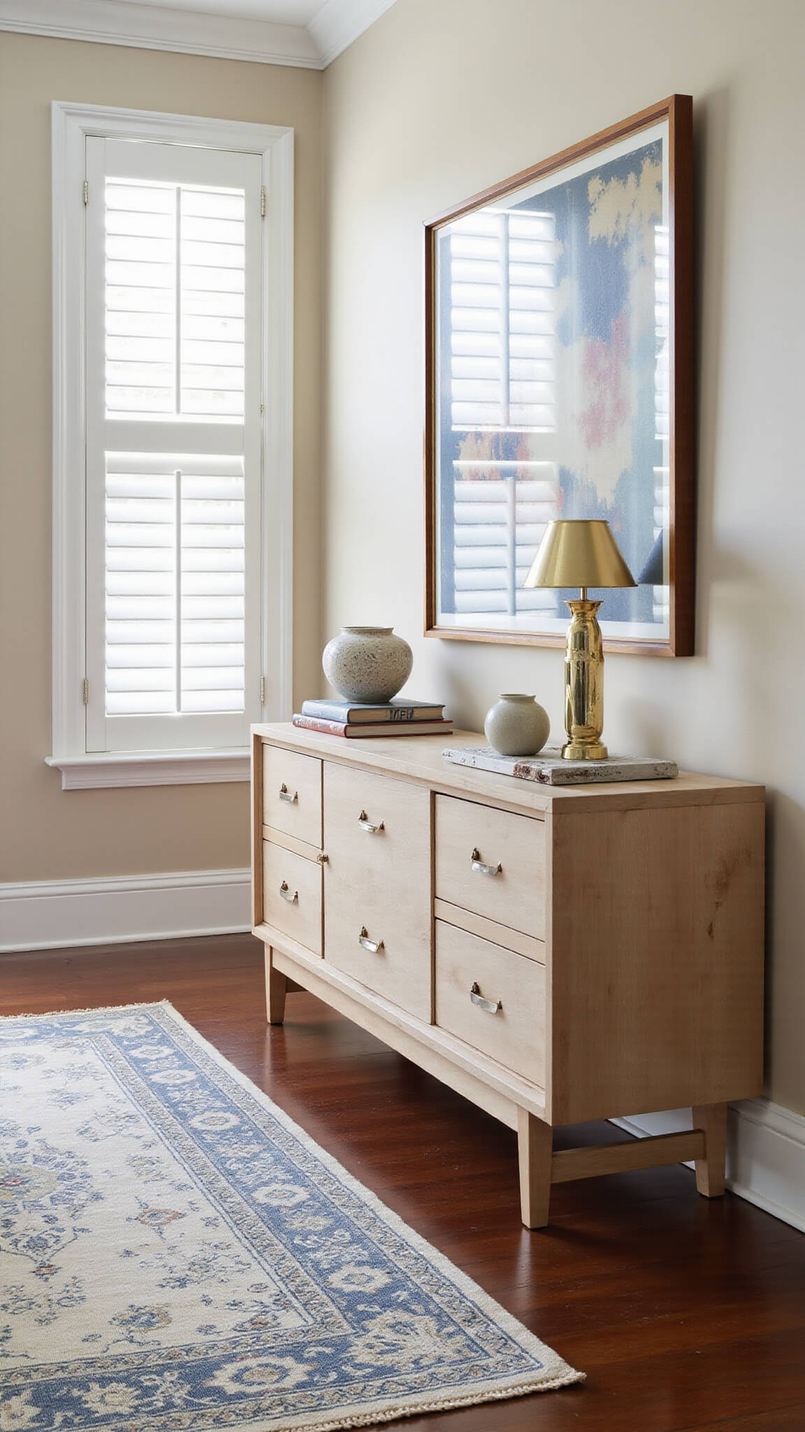 Guest suite with warm greige walls, vintage Persian rug, modern bleached oak console, and afternoon light filtering through plantation shutters.