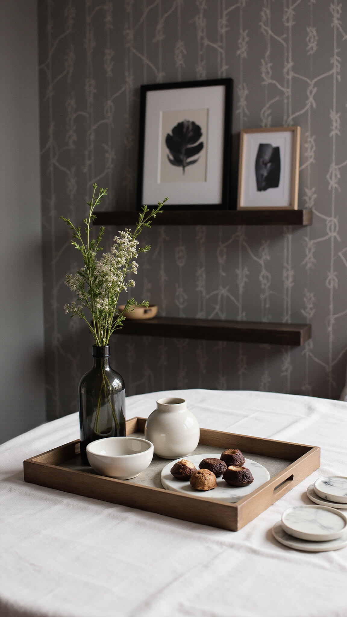 Moody twilight guest retreat with handmade ceramics, fresh botanicals, artisanal chocolates, and curated local artwork on geometric wallpaper backdrop.