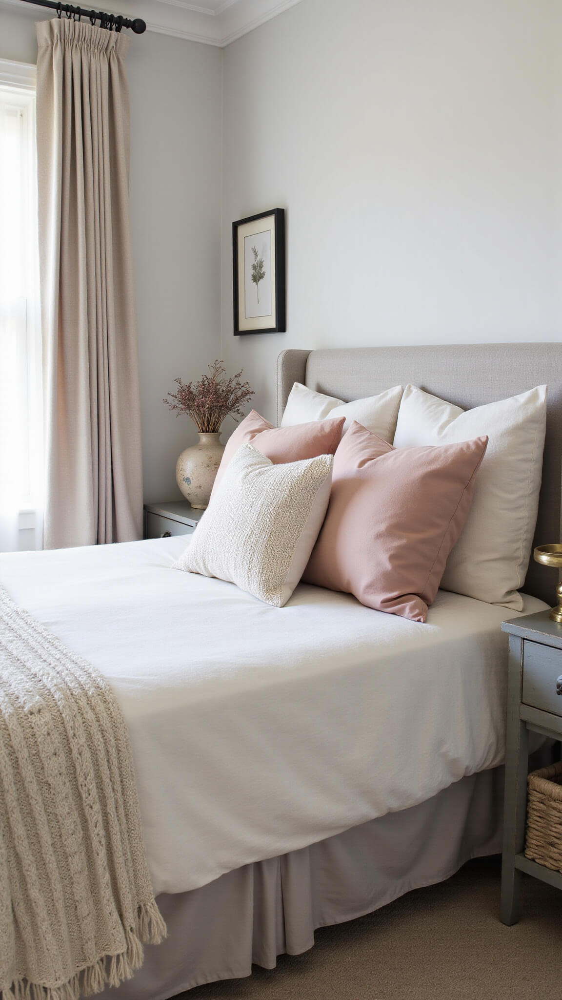 Macro view of sunlit guest room corner showing cream cable-knit throw, shell pink silk pillows, flax linen curtains, matte black hardware on Swedish grey walls, with dried botanicals in pottery and vintage brass accents.