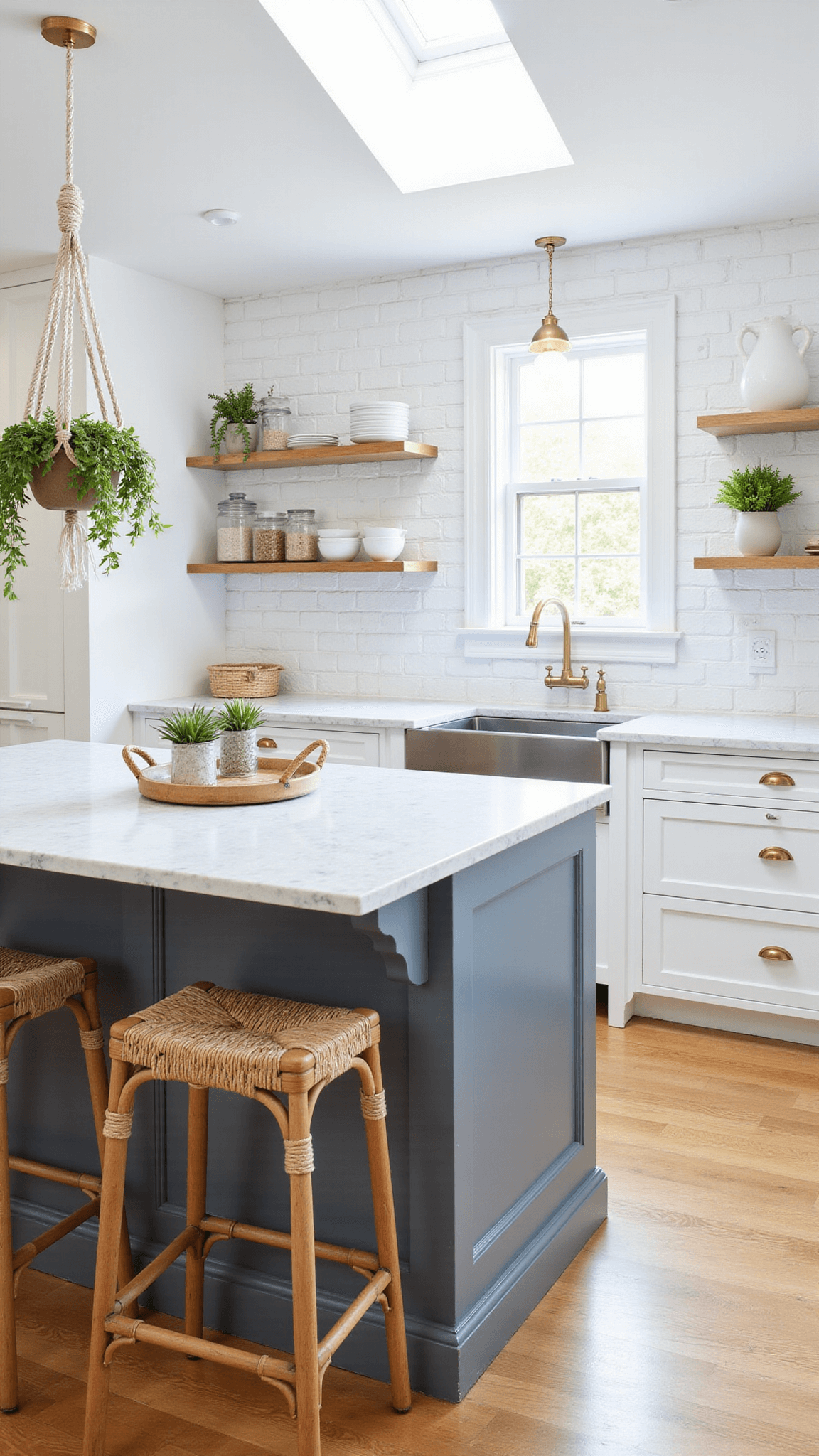 Overhead view of bright coastal kitchen with white subway-tiled walls, marble countertops, blue-gray island, rattan barstools, and open shelving with ceramics and glass containers.