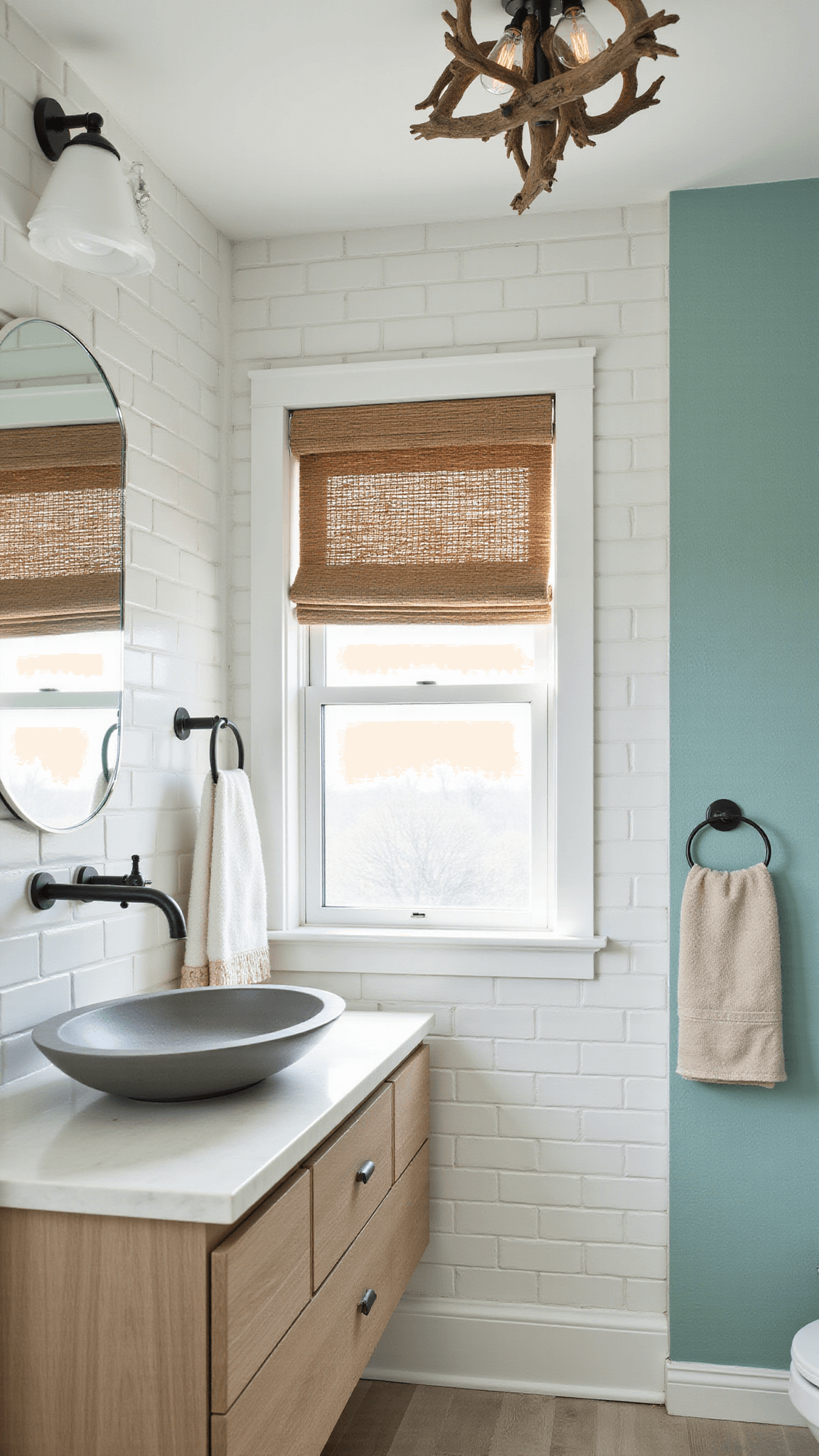 Modern coastal bathroom with bleached oak floating vanity, matte black fixtures, driftwood chandelier, and pale aqua grasscloth accent wall.