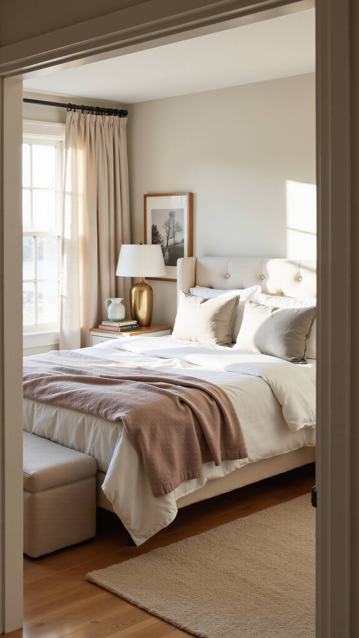 Sunlit guest bedroom with queen bed in white and grey linens, cream tufted headboard, oak floors, and brass-accented bedside tables, captured at golden hour for a warm, dreamy feel.