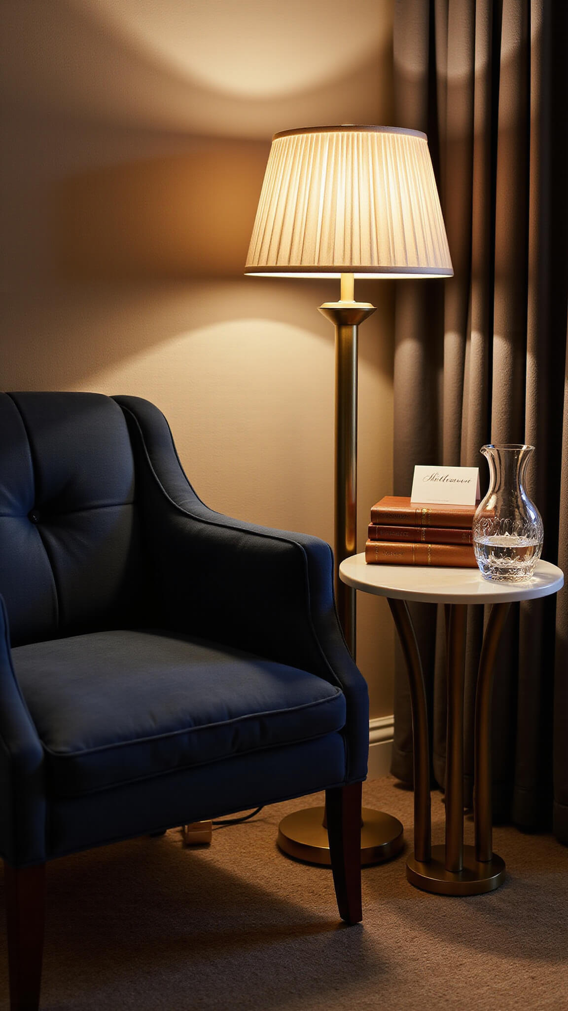 Cozy guest room corner with navy velvet armchair, brass floor lamp, and side table displaying books, a crystal carafe, and a welcome note, warmly lit with ambient and task lighting.