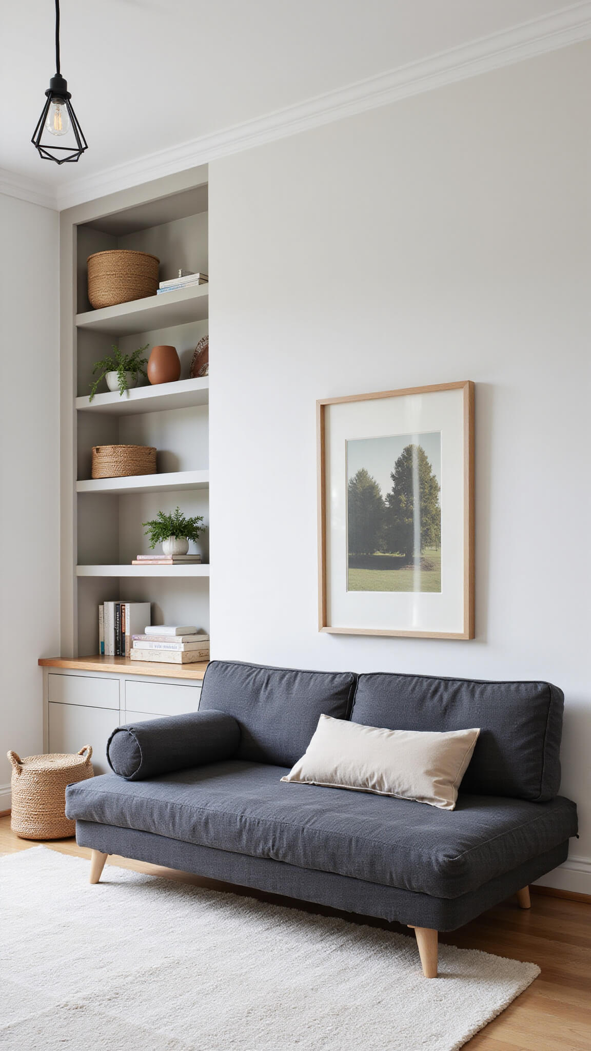 Minimalist guest room with charcoal linen daybed, dove-white walls, high ceiling, geometric pendant light, built-in shelving, and natural light highlighting multifunctional decor.