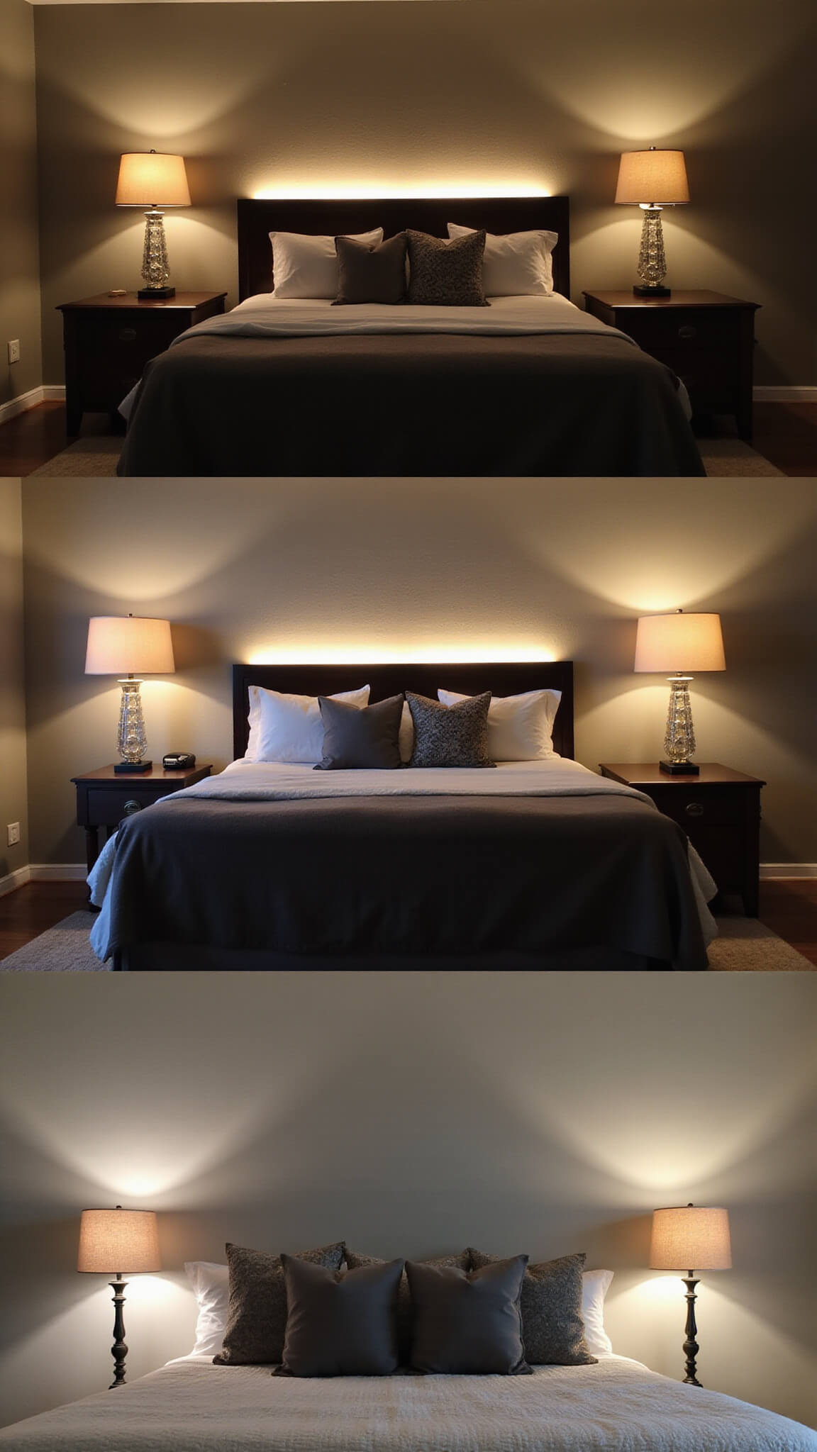 Dramatic dusk bedroom scene with layered lighting from sconces, table lamps, pendant lights, and warm LED strips behind a headboard; crystal sconces cast patterns on Revere Pewter walls.
