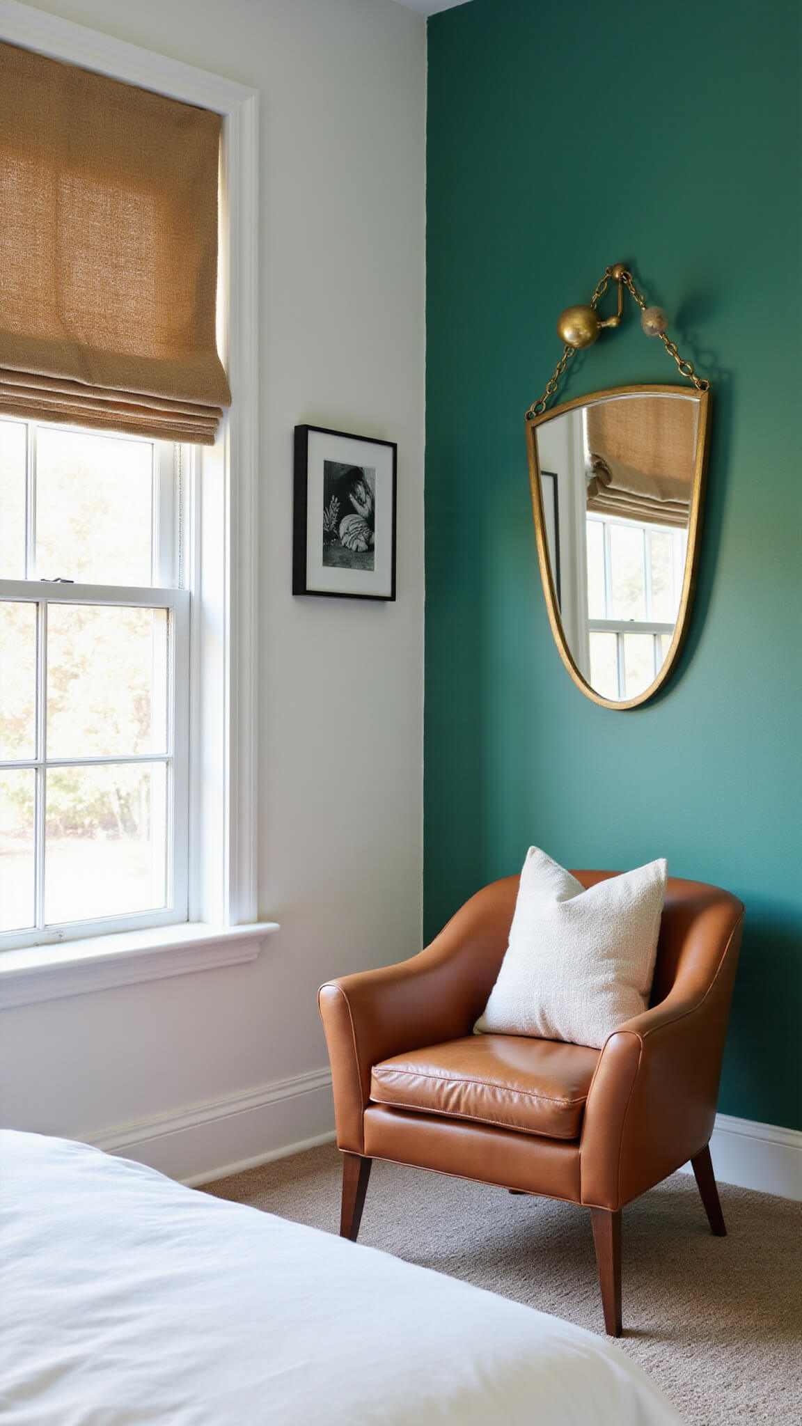 High-contrast bedroom with emerald green accent wall, white linens, cognac leather chair, brass mirror, abstract black-and-white art, and natural morning light through grasscloth roman shades.