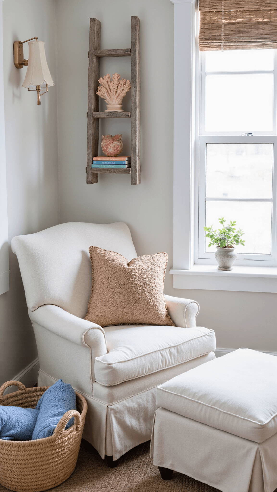 Cozy reading nook with pale linen armchair, ivory ottoman, and bay window in soft overcast light; ladder shelf with coral decor and maritime books, blue throws in woven basket, and shell-shaped sconces adding warmth.