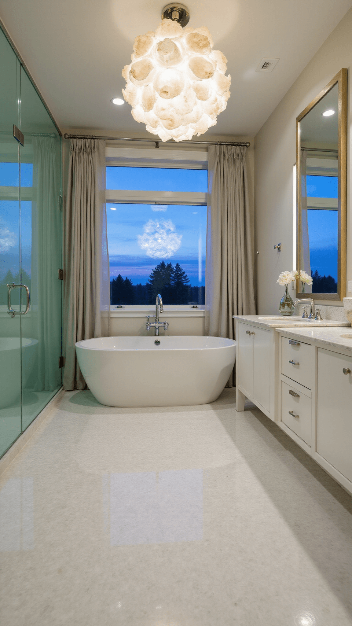 Luxurious 15'x20' spa-style bathroom at twilight with capiz shell chandelier, freestanding tub under sheer curtains, marble hex tile floor, seafoam green glass shower, and chrome fixtures with rope detail.