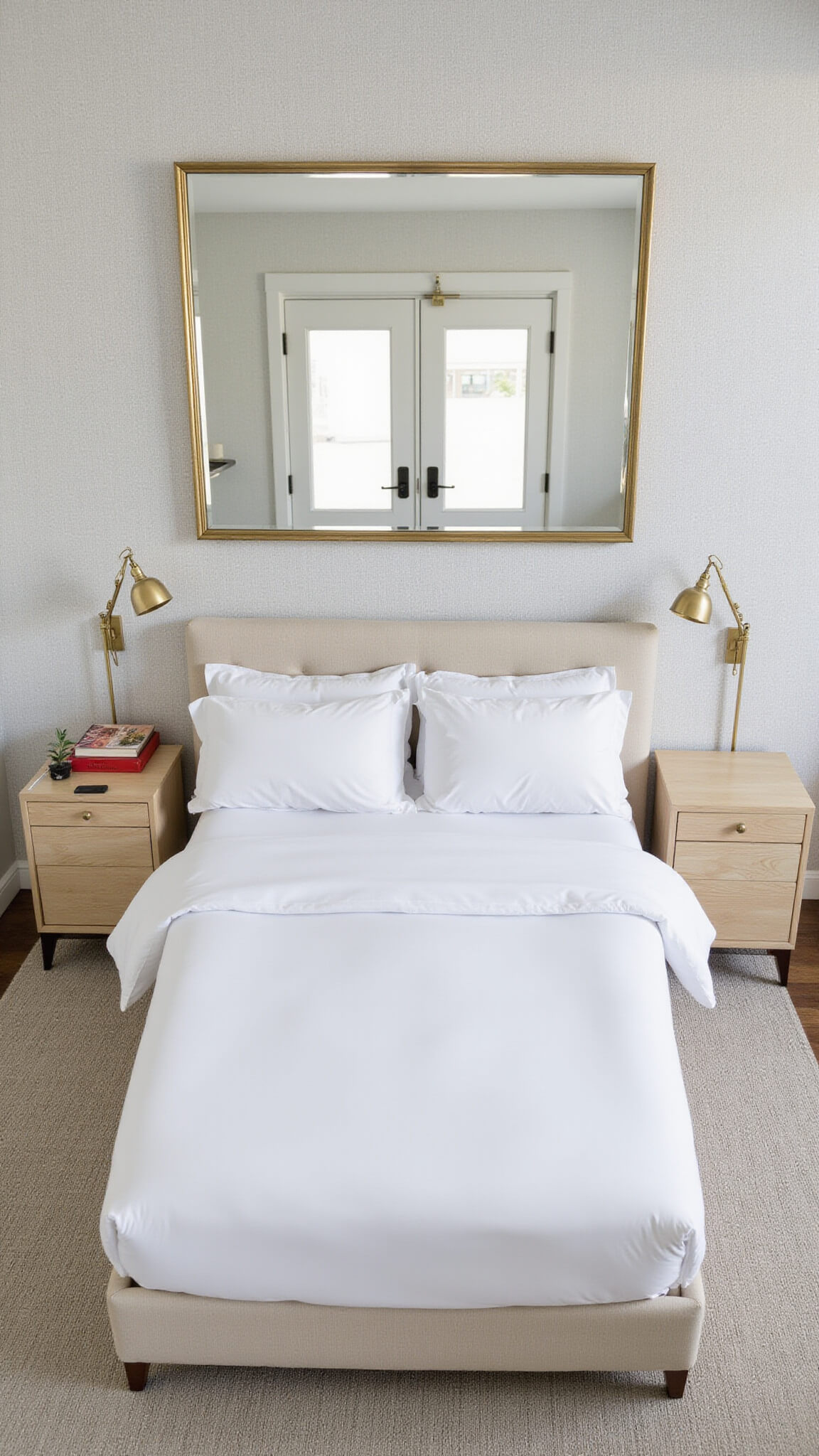 Bird's eye view of a boutique guest room with queen bed, floating bleached oak nightstands, oversized brass-framed mirror, pearl gray grasscloth wallpaper, and elegant lighting showcasing luxurious textures.