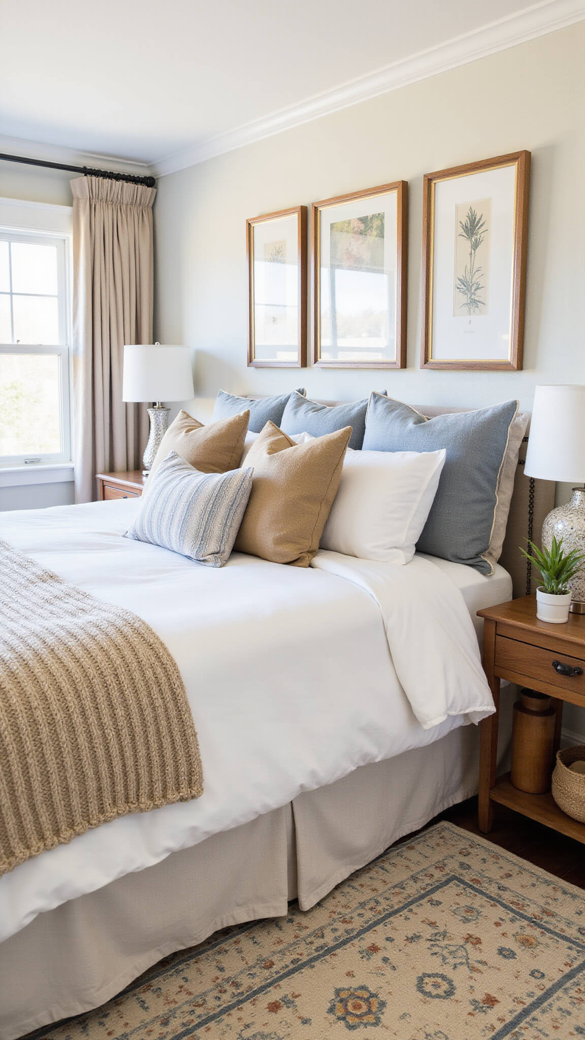 Guest room with white linen duvet, oatmeal knit throw, striped and solid beige and blue pillows, geometric curtains, vintage rug, and warm afternoon light.