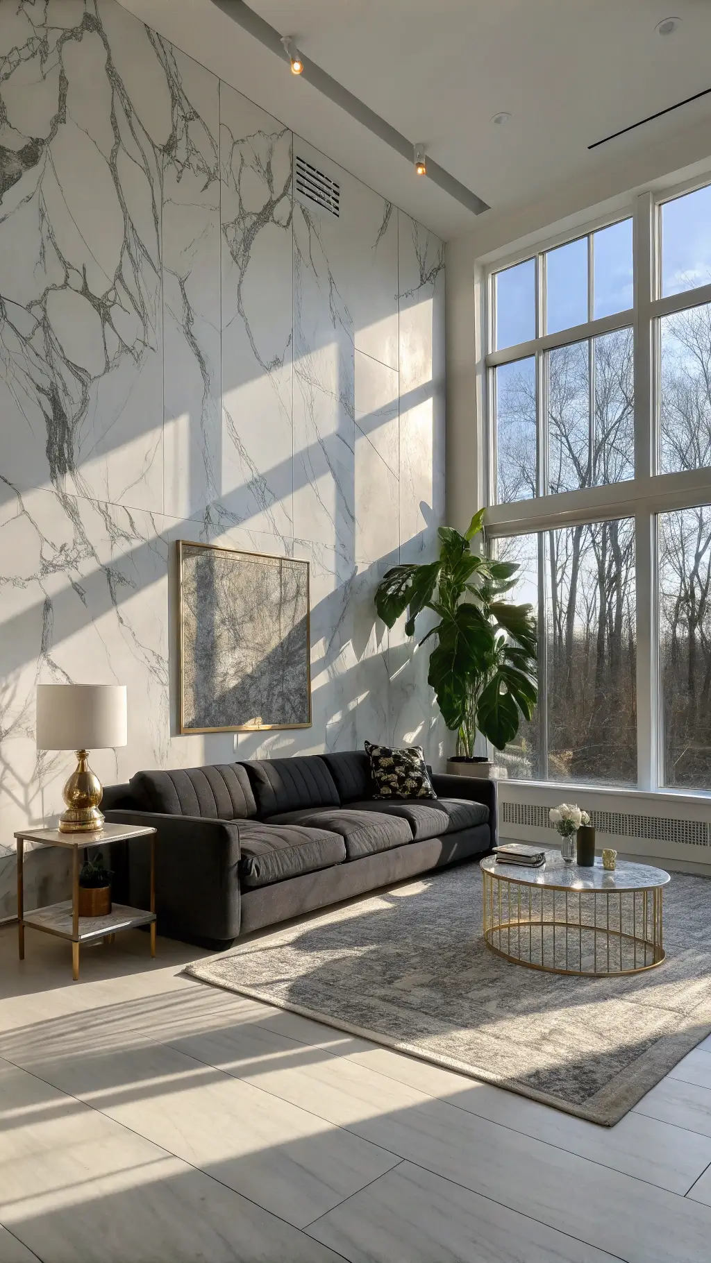 Contemporary living room with white marble feature wall, charcoal sectional, brass-accented tables, and afternoon sunlight streaming through floor-to-ceiling windows.