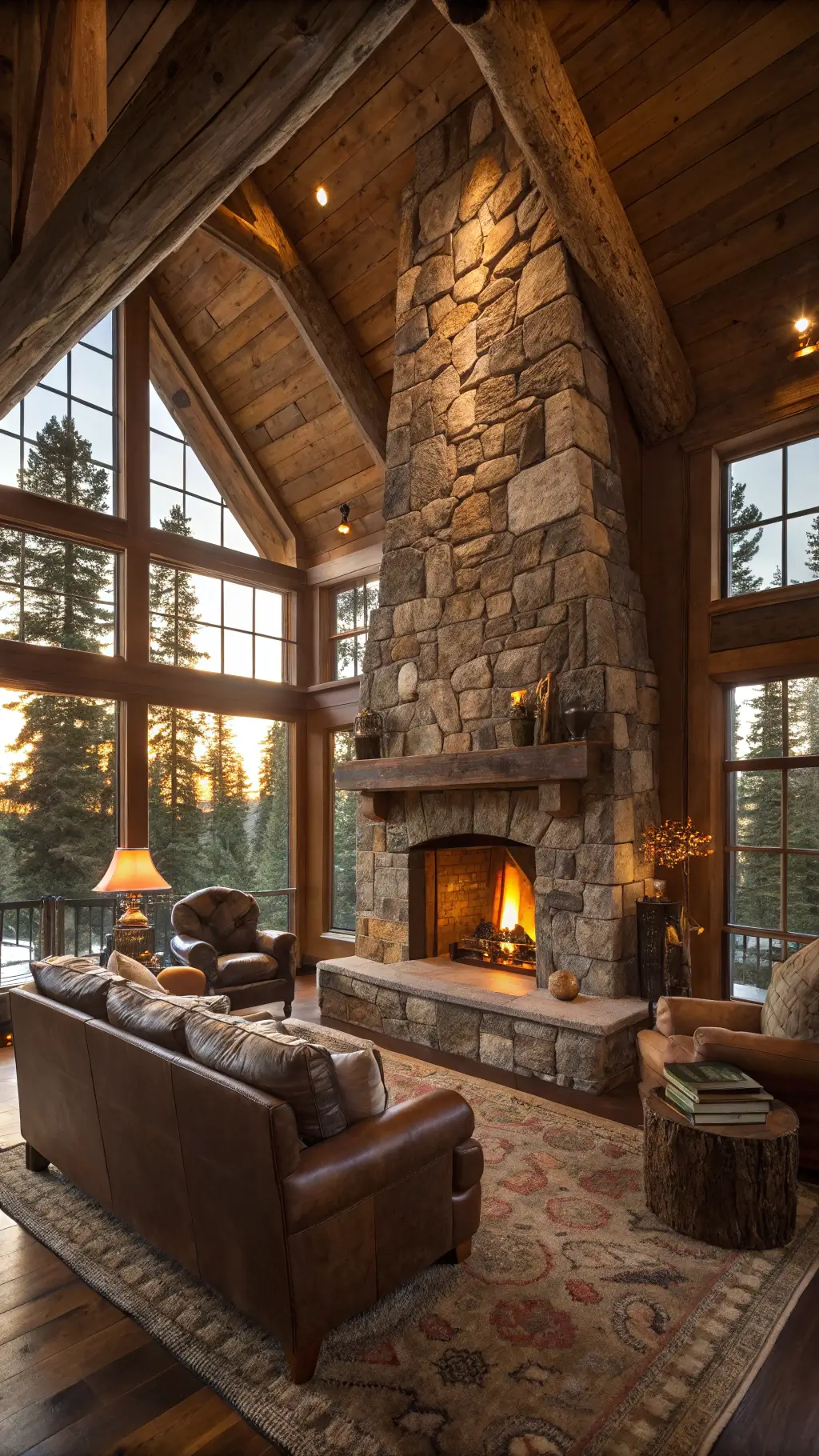 Rustic mountain cabin great room with large stone fireplace, leather armchairs, wool throws, and warm golden hour light filtering through pine trees.