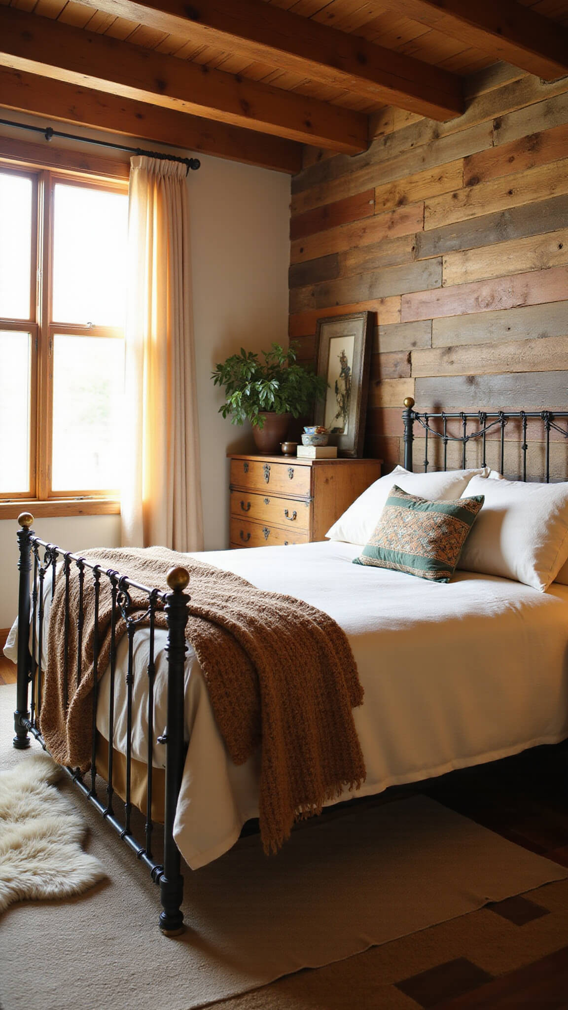 Cozy guest bedroom bathed in golden hour light with iron bed, layered earth-toned linens, reclaimed wood accent wall, exposed beams, and vintage furnishings.