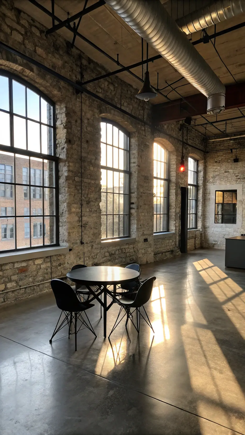 Industrial loft with exposed stone walls, factory windows casting shadows, polished concrete floors, and modern black steel and leather furniture in a monochromatic palette.