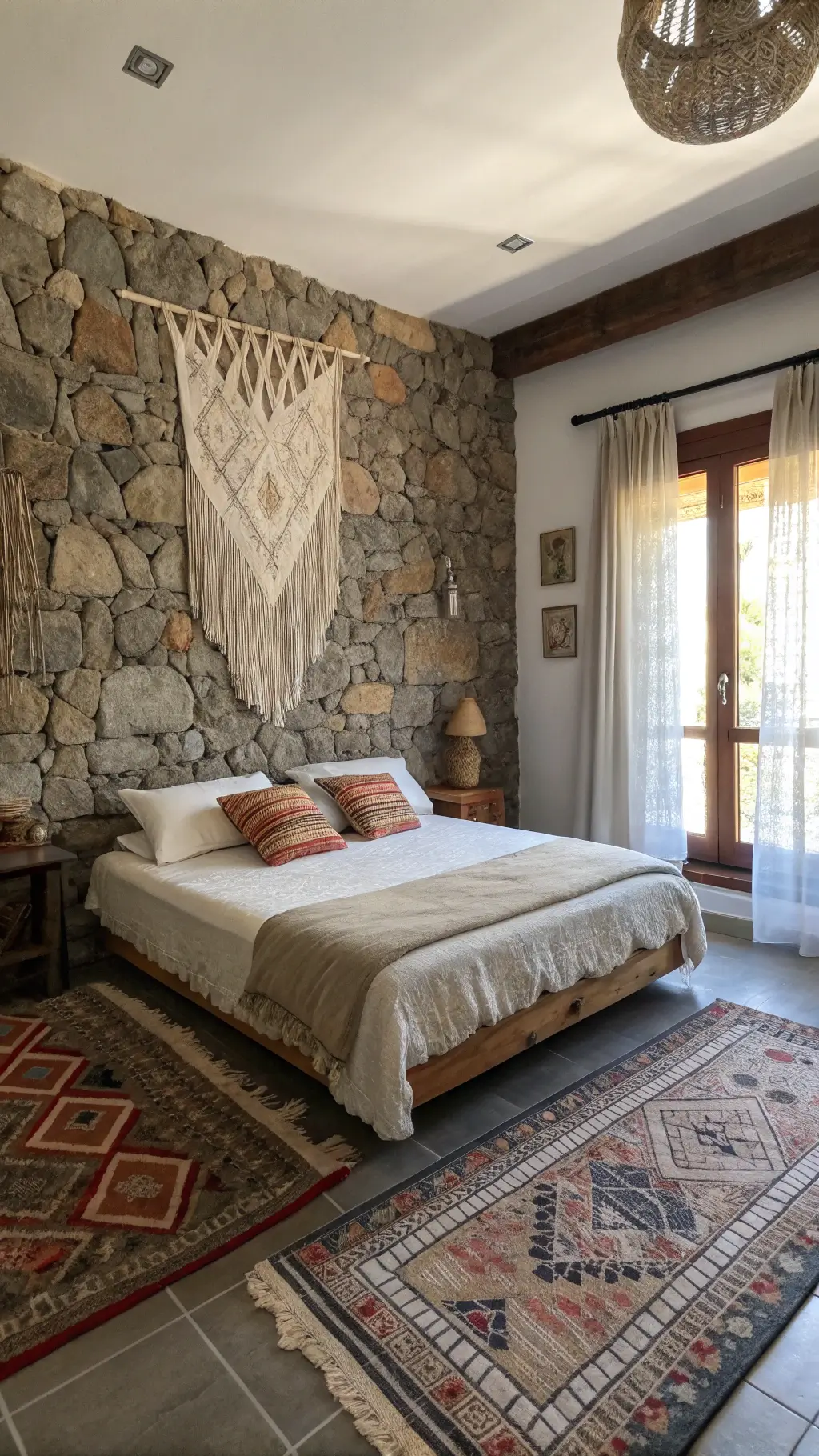 Bohemian stone-themed bedroom with slate and river rock walls, low platform bed, vintage kilim rugs, and macramé decor in earth and jewel tones.
