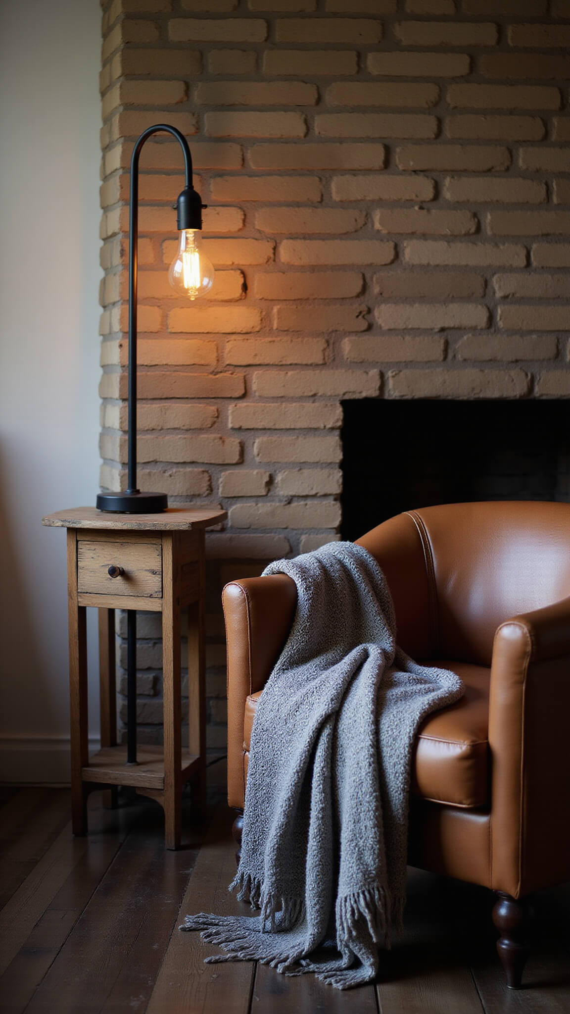 Rustic guest room corner with leather reading chair, wood side table, and floor lamp casting warm light, with a stone fireplace softly blurred in the background.