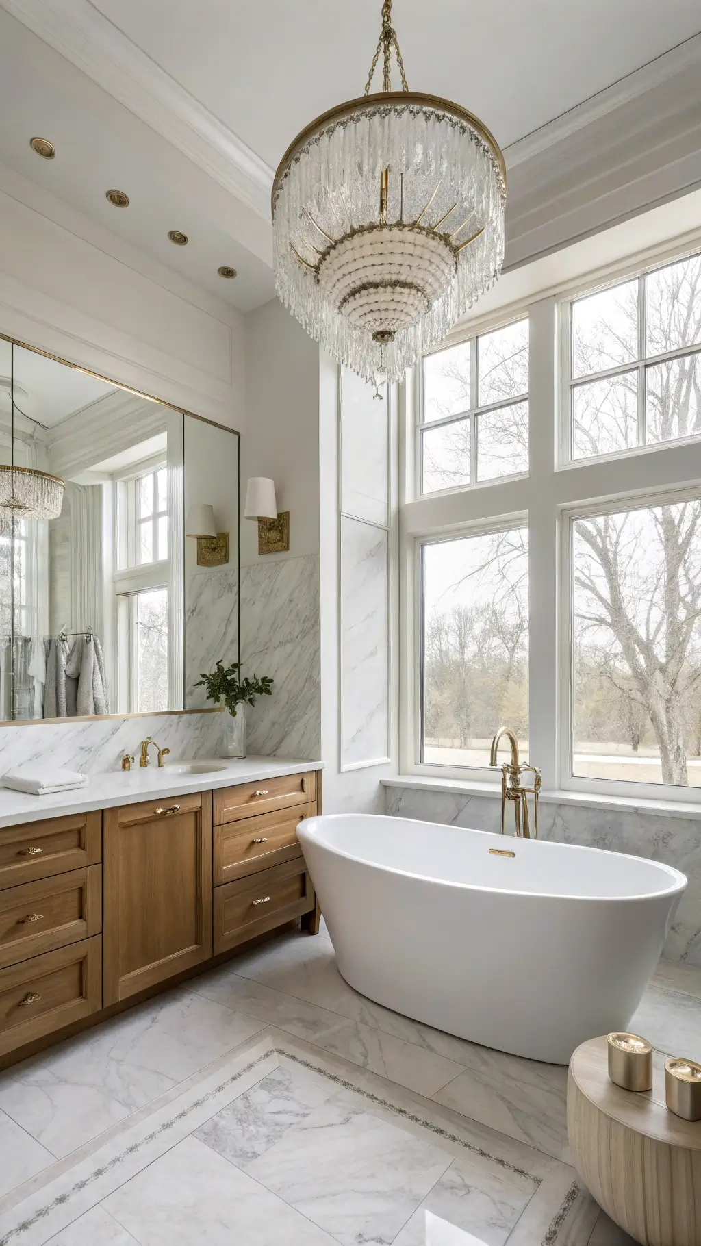 Luxury ensuite bathroom with freestanding tub against symmetrical book-matched marble, floating bleached oak vanity, brass fixtures, and crystal chandelier in soft morning light.