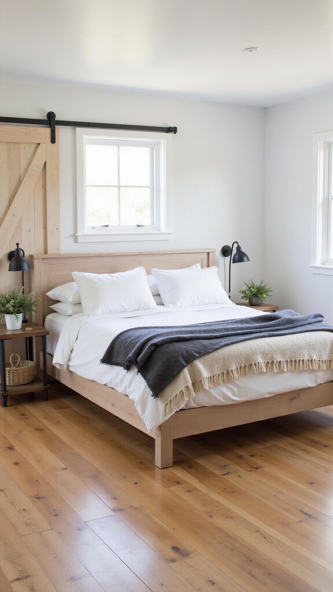 Modern rustic bedroom with bleached oak platform bed, vintage cart nightstands, and morning light streaming through farmhouse windows.