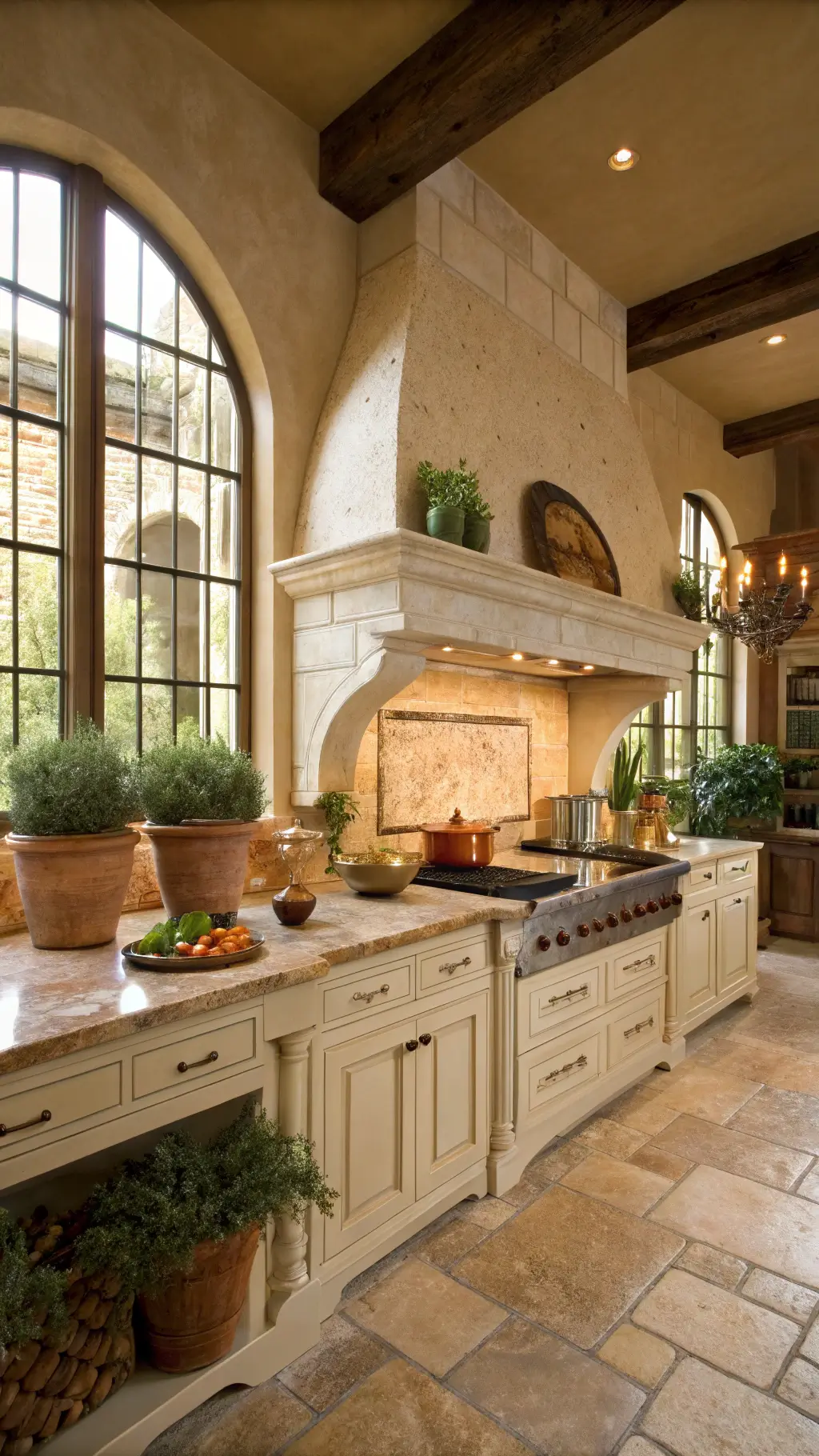 Mediterranean-style chef's kitchen with limestone floors, travertine range hood, cream cabinetry, copper cookware, stone island with granite top, and terracotta potted herbs in warm late morning light.